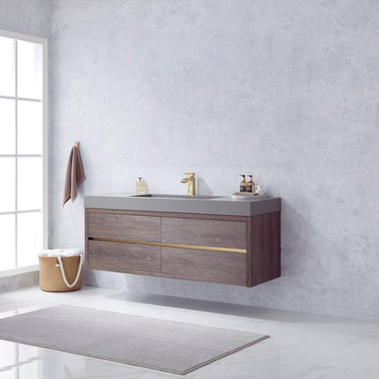 Vinnova Palencia 60" Single Sink Wall-Mount Bath Vanity In North Carolina Oak With Grey Composite Integral Square Sink Top