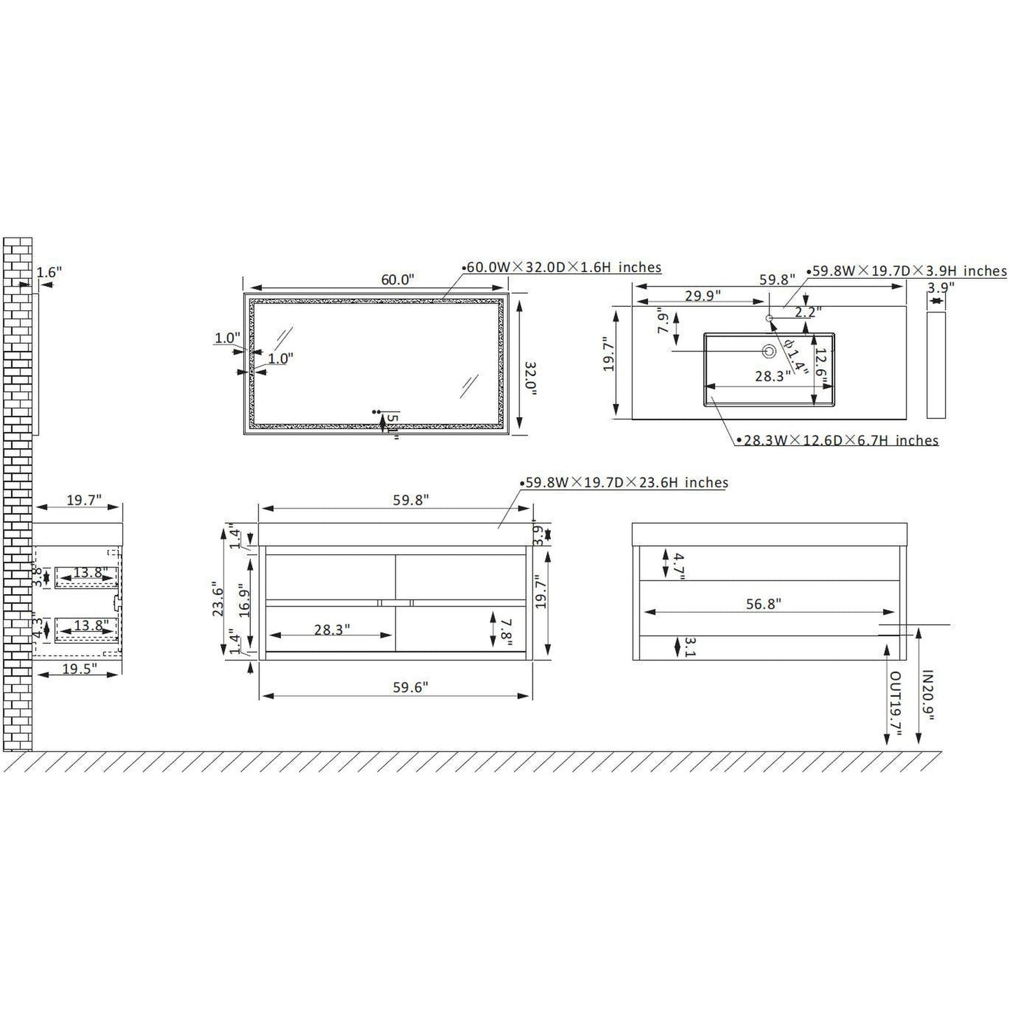 Vinnova Palencia 60" Single Sink Wall-Mount Bath Vanity In North Carolina Oak With Grey Composite Integral Square Sink Top And Mirror