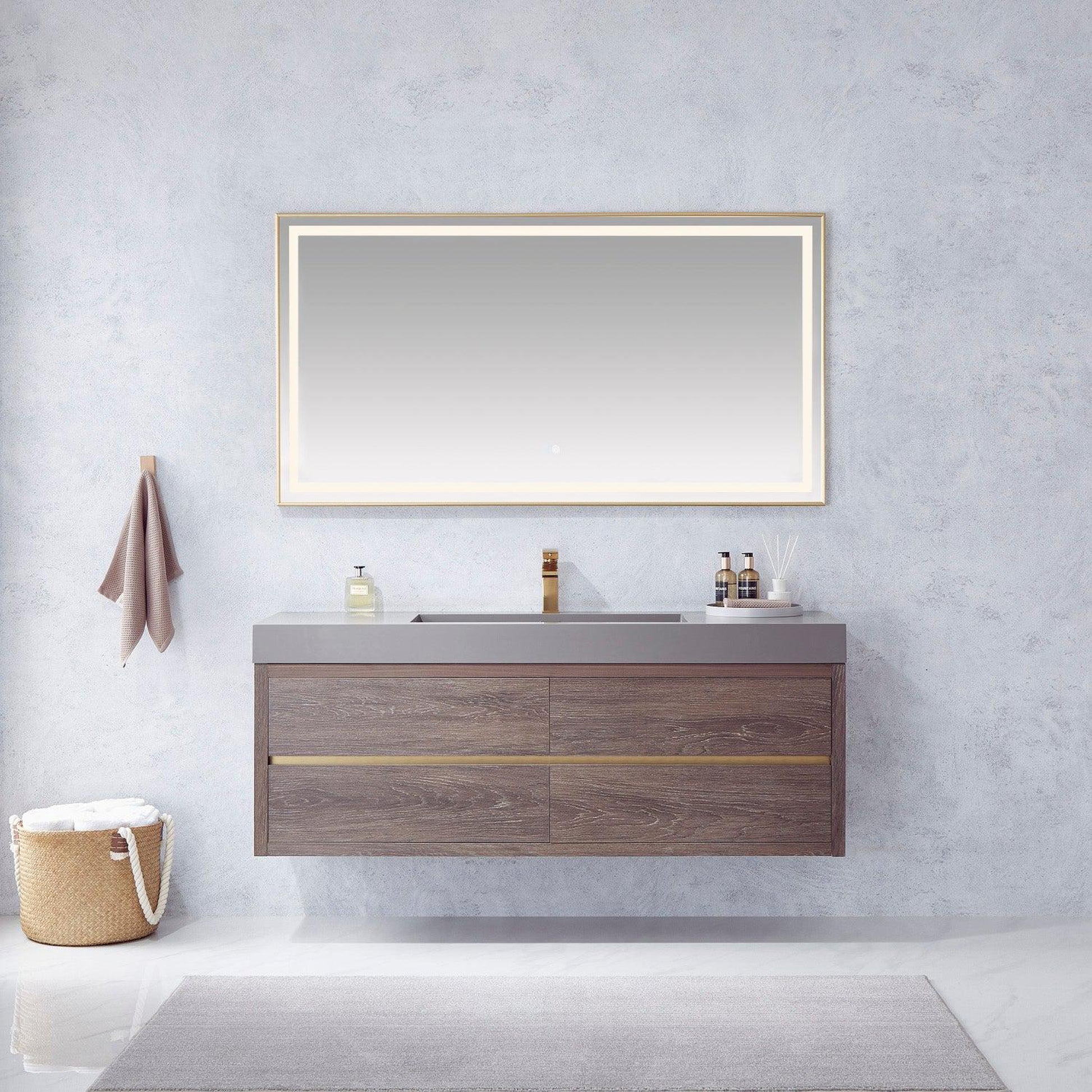Vinnova Palencia 60" Single Sink Wall-Mount Bath Vanity In North Carolina Oak With Grey Composite Integral Square Sink Top And Mirror