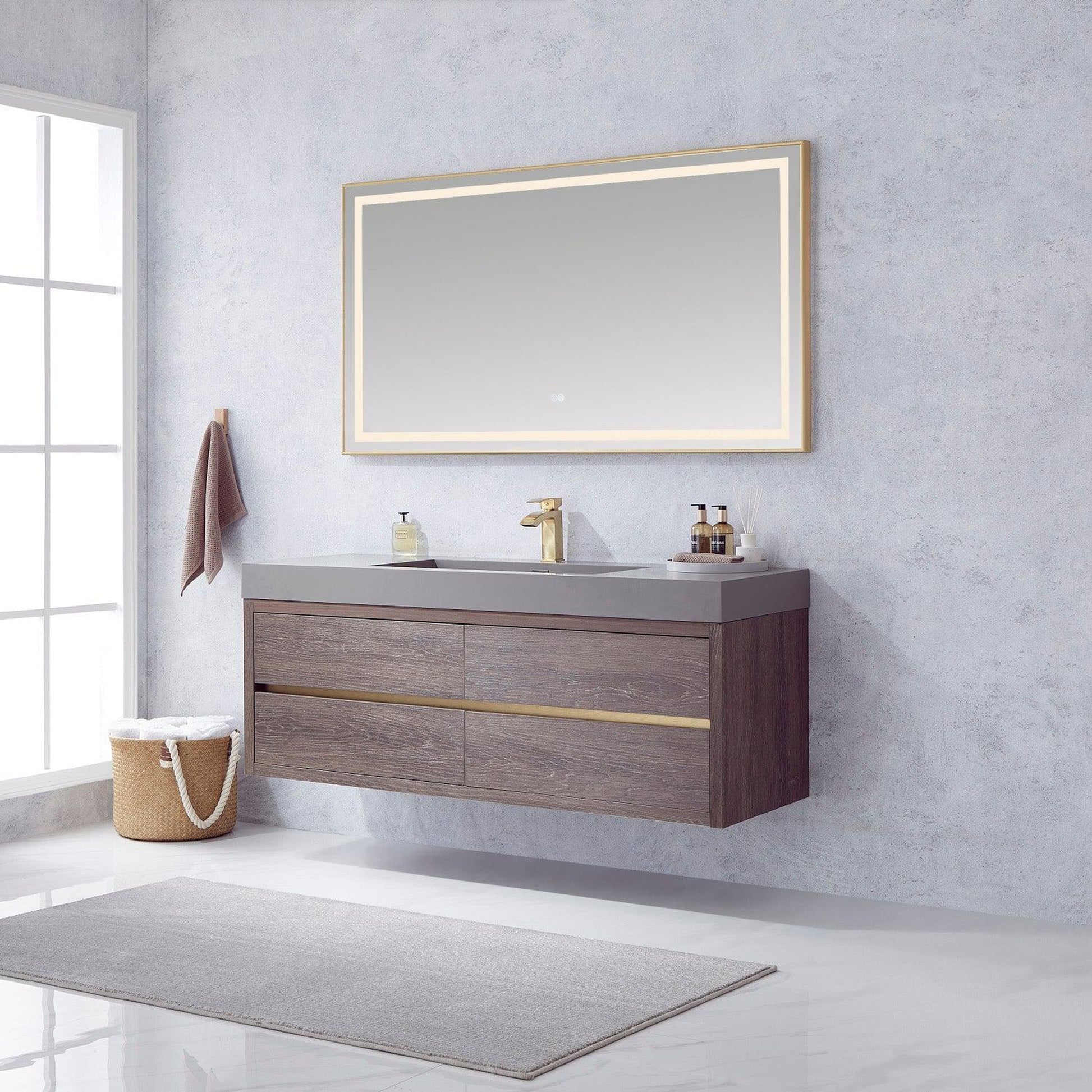 Vinnova Palencia 60" Single Sink Wall-Mount Bath Vanity In North Carolina Oak With Grey Composite Integral Square Sink Top And Mirror