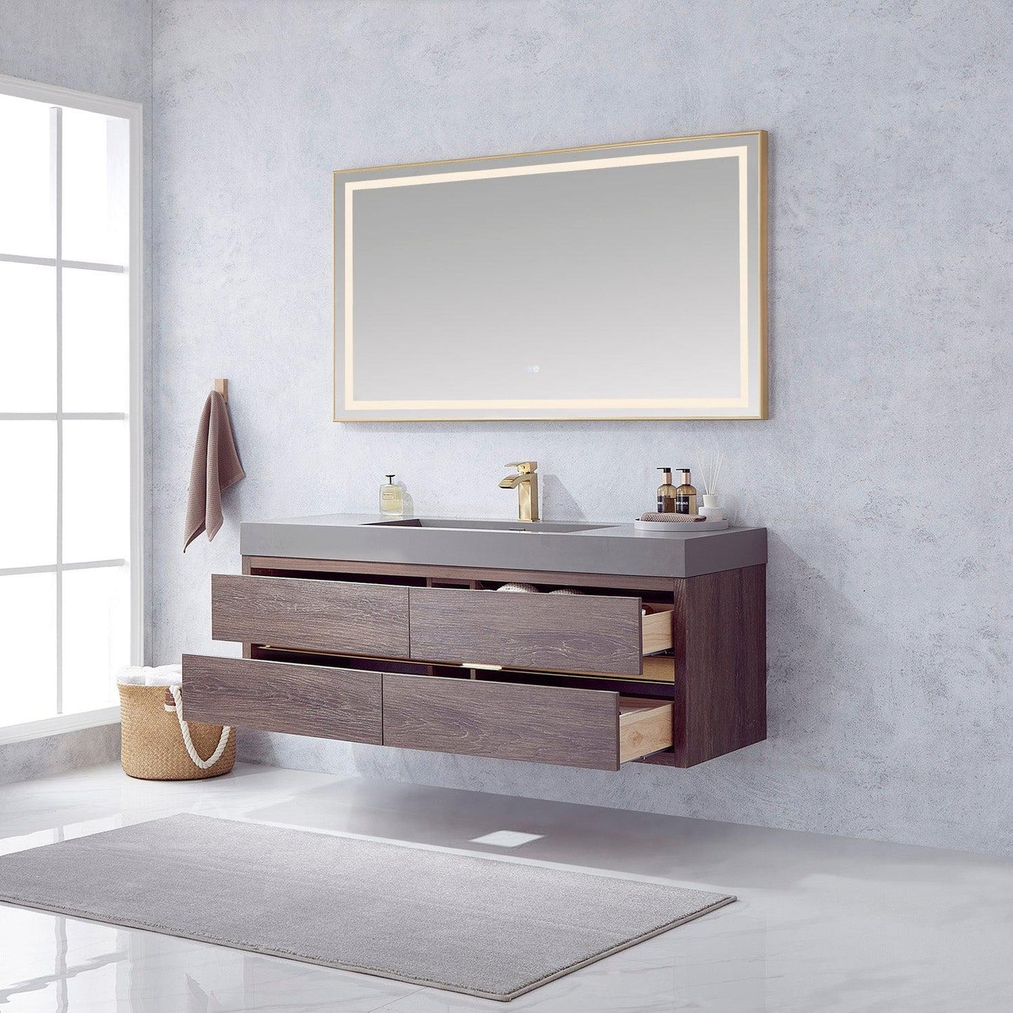 Vinnova Palencia 60" Single Sink Wall-Mount Bath Vanity In North Carolina Oak With Grey Composite Integral Square Sink Top And Mirror