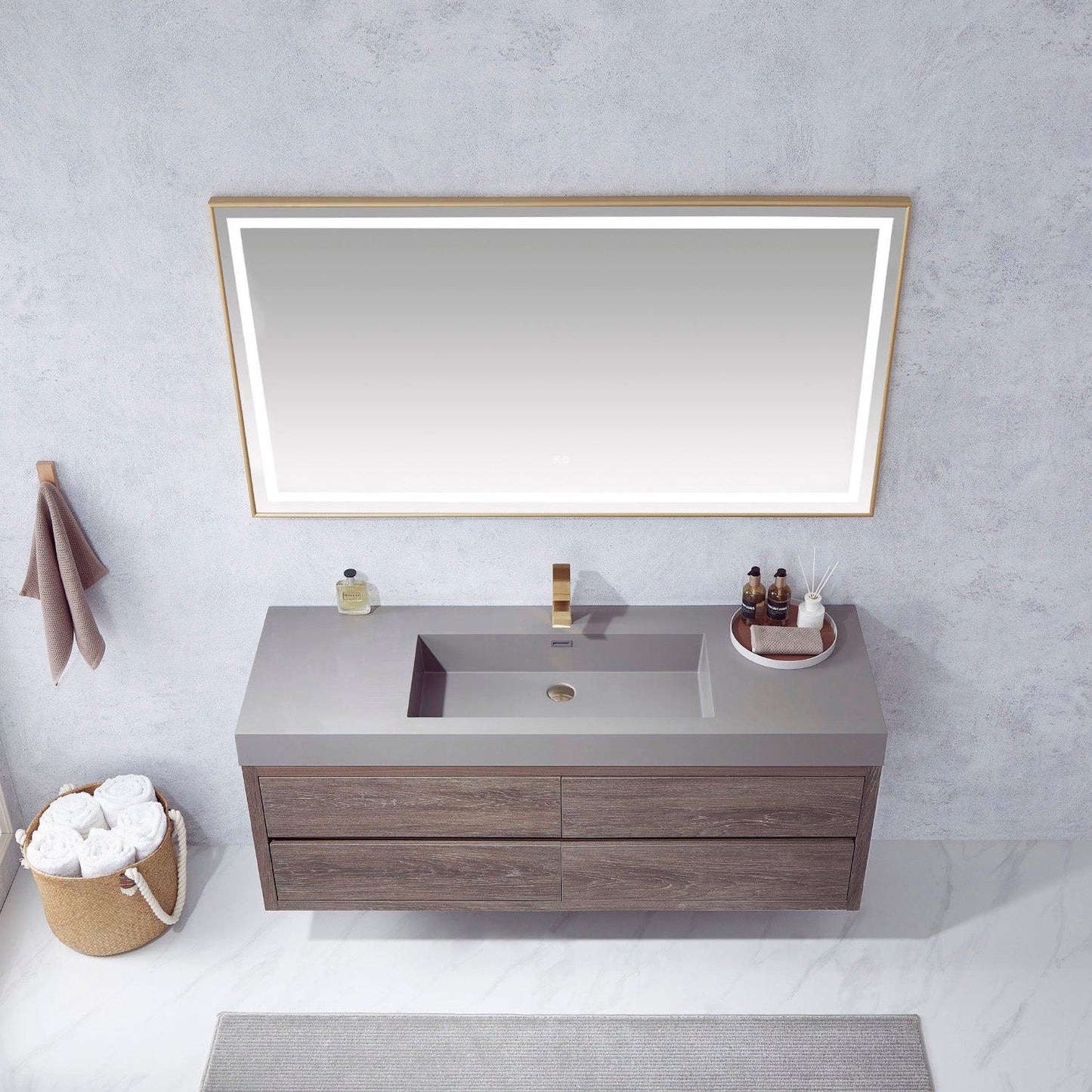 Vinnova Palencia 60" Single Sink Wall-Mount Bath Vanity In North Carolina Oak With Grey Composite Integral Square Sink Top And Mirror