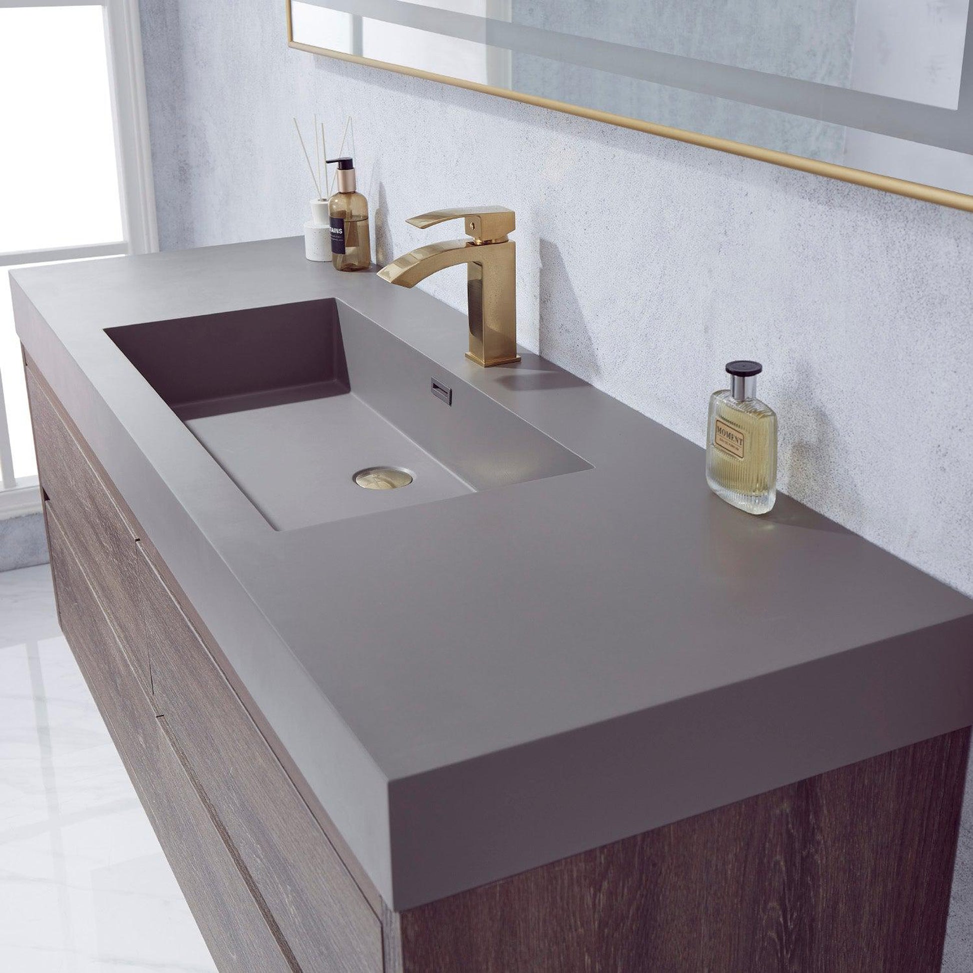 Vinnova Palencia 60" Single Sink Wall-Mount Bath Vanity In North Carolina Oak With Grey Composite Integral Square Sink Top And Mirror