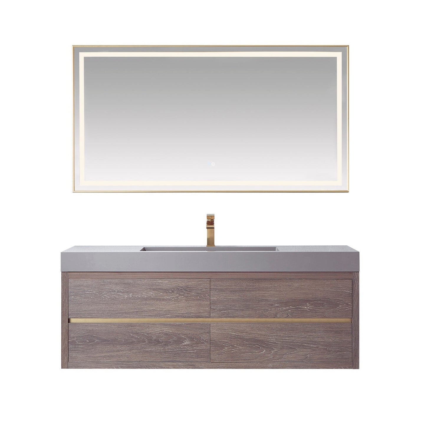 Vinnova Palencia 60" Single Sink Wall-Mount Bath Vanity In North Carolina Oak With Grey Composite Integral Square Sink Top And Mirror