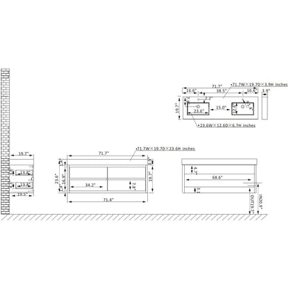 Vinnova Palencia 72" Double Sink Wall-Mount Bath Vanity In North American Oak With White Composite Integral Square Sink Top