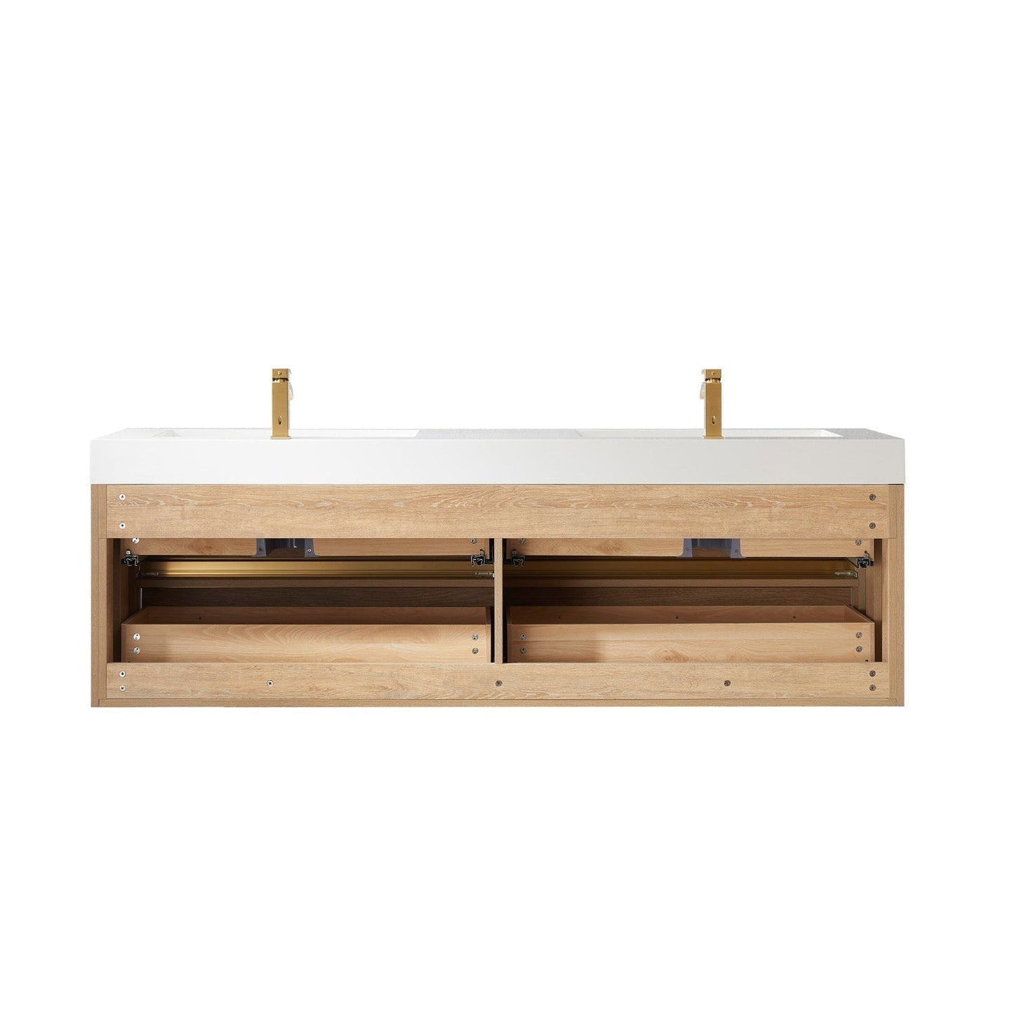 Vinnova Palencia 72" Double Sink Wall-Mount Bath Vanity In North American Oak With White Composite Integral Square Sink Top