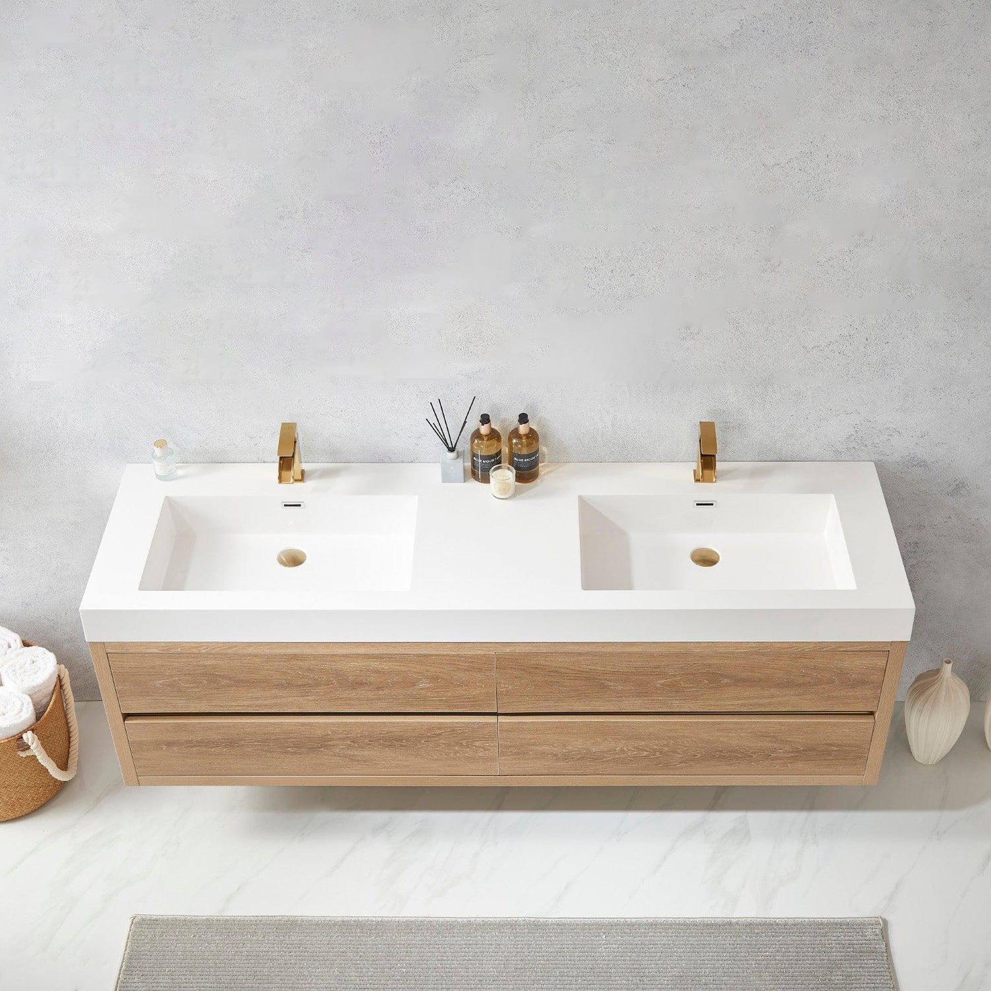 Vinnova Palencia 72" Double Sink Wall-Mount Bath Vanity In North American Oak With White Composite Integral Square Sink Top