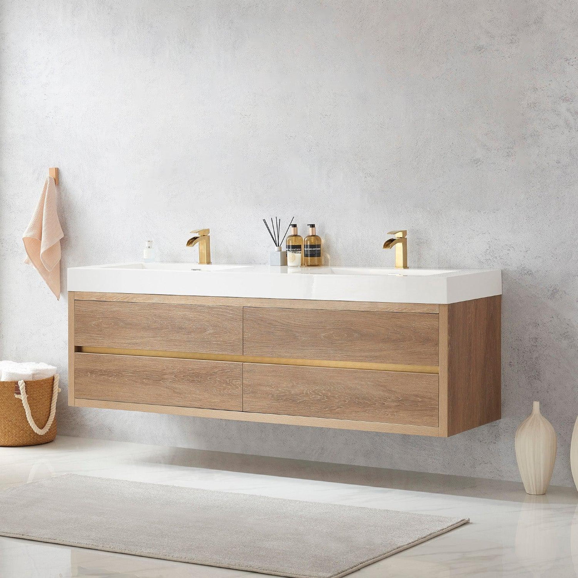 Vinnova Palencia 72" Double Sink Wall-Mount Bath Vanity In North American Oak With White Composite Integral Square Sink Top