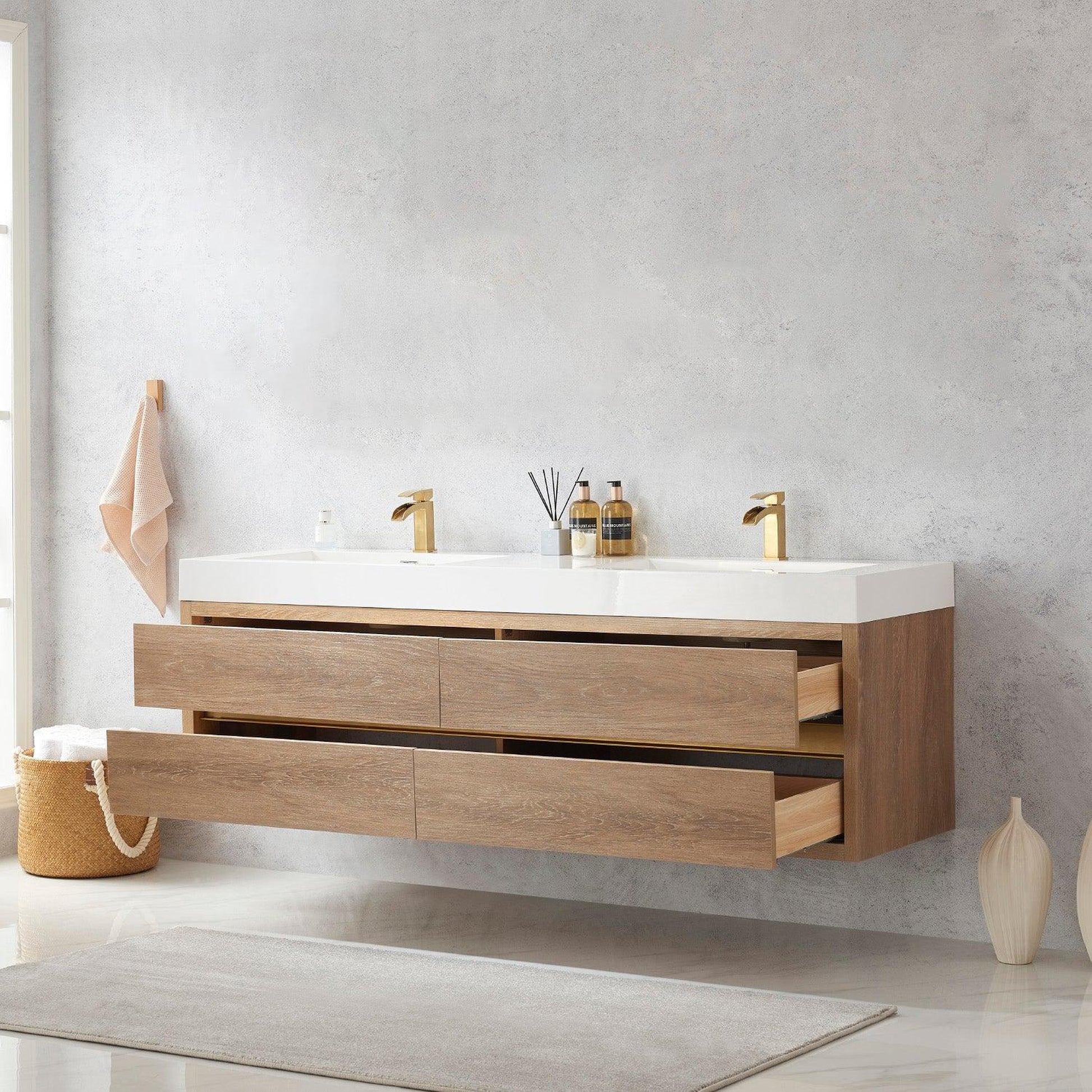 Vinnova Palencia 72" Double Sink Wall-Mount Bath Vanity In North American Oak With White Composite Integral Square Sink Top