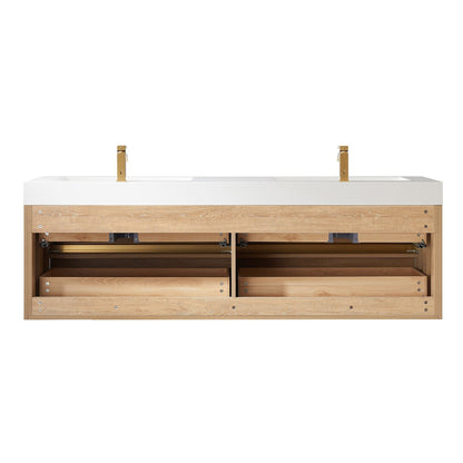 Vinnova Palencia 72" Double Sink Wall-Mount Bath Vanity In North American Oak With White Composite Integral Square Sink Top And Mirror