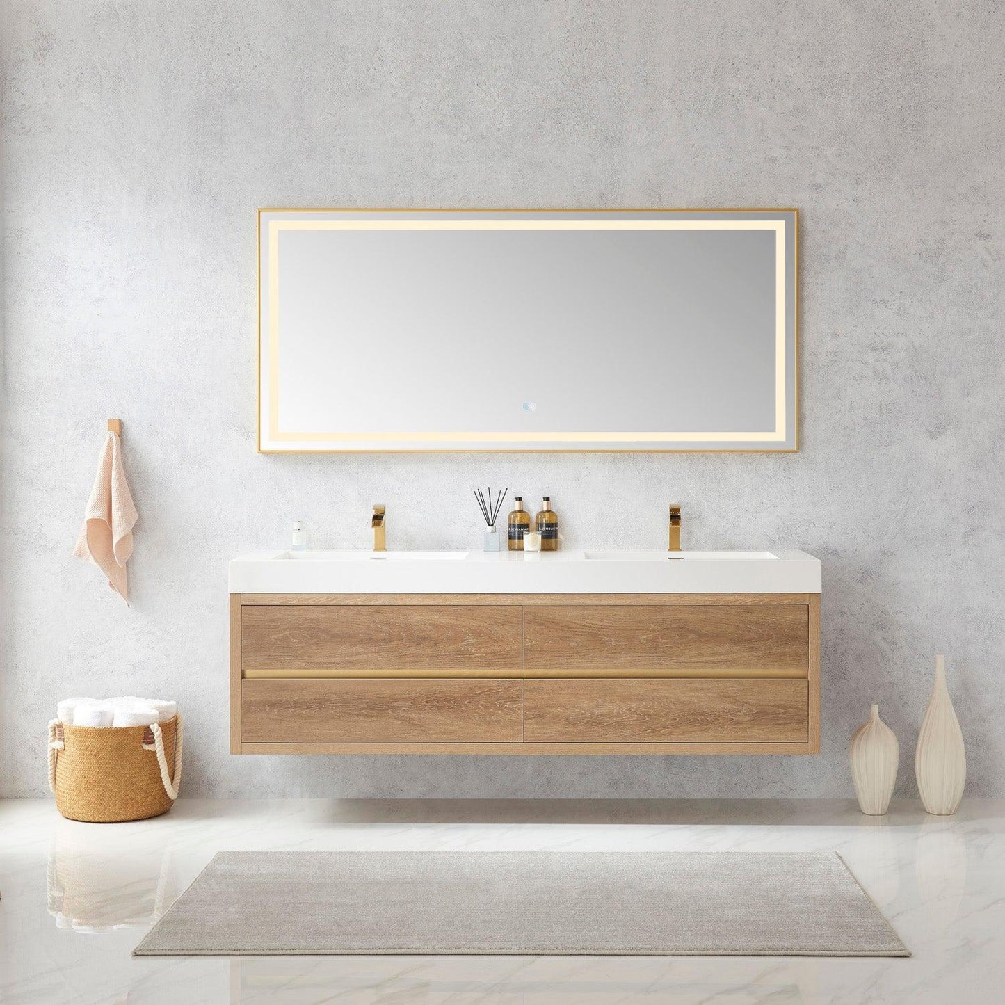 Vinnova Palencia 72" Double Sink Wall-Mount Bath Vanity In North American Oak With White Composite Integral Square Sink Top And Mirror