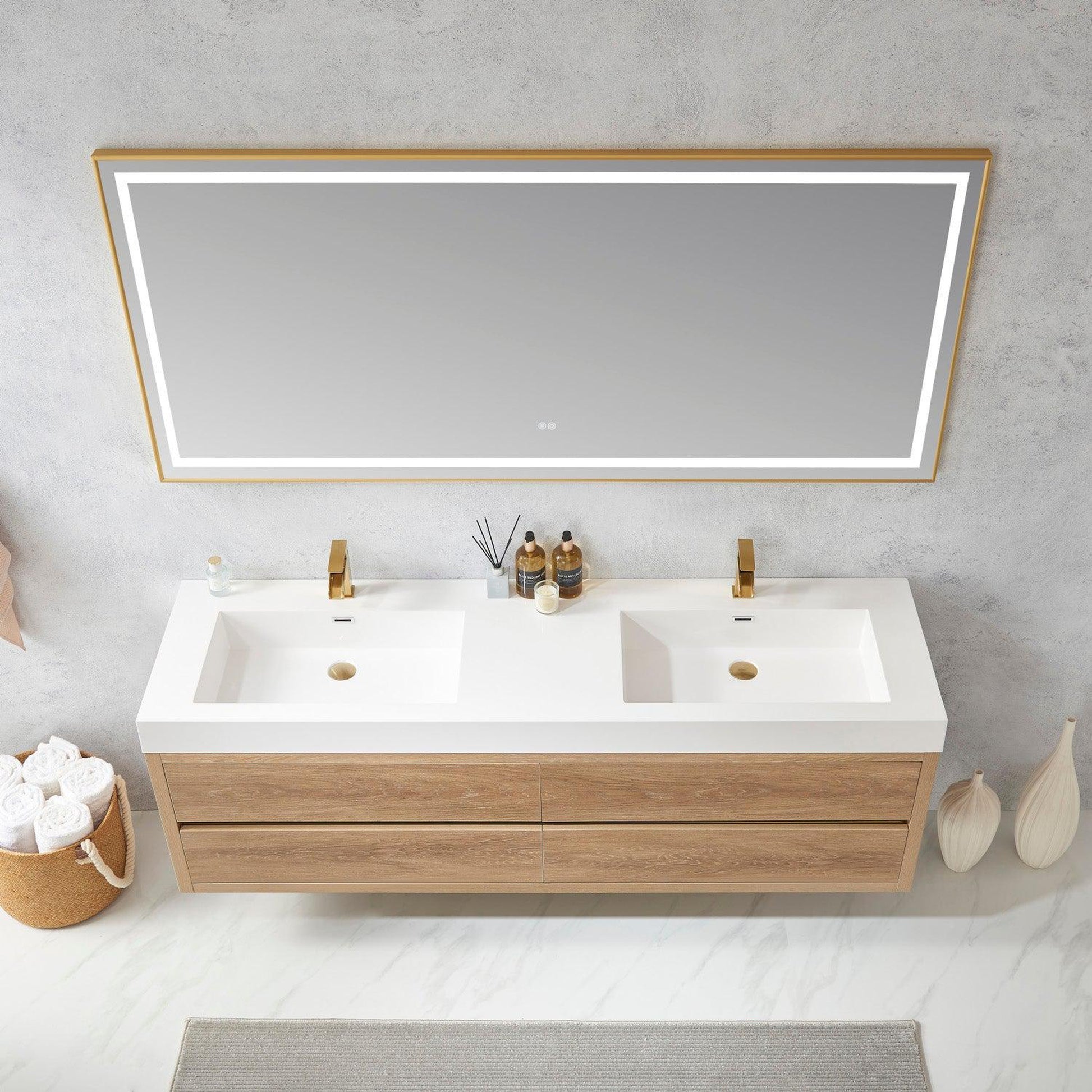 Vinnova Palencia 72" Double Sink Wall-Mount Bath Vanity In North American Oak With White Composite Integral Square Sink Top And Mirror