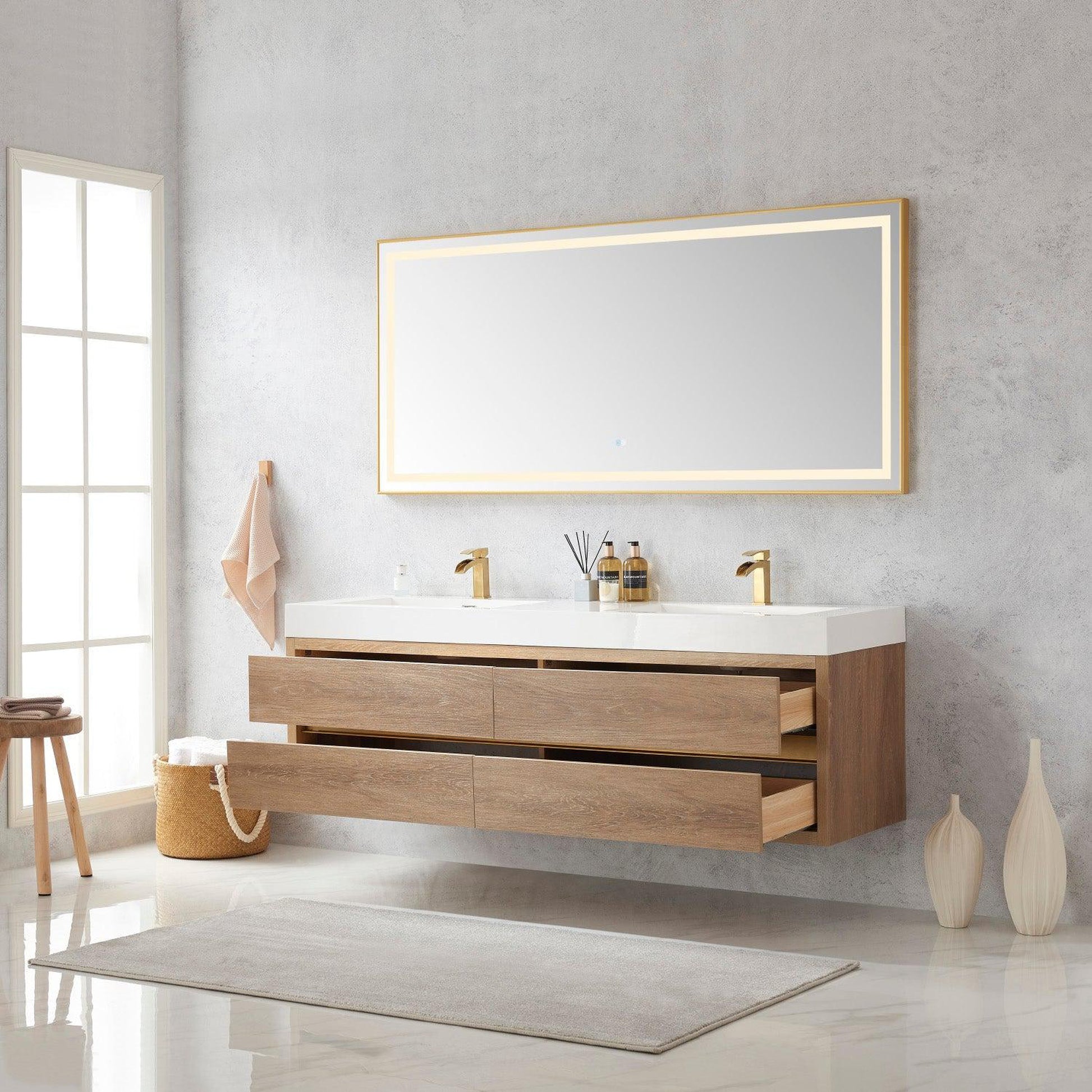 Vinnova Palencia 72" Double Sink Wall-Mount Bath Vanity In North American Oak With White Composite Integral Square Sink Top And Mirror