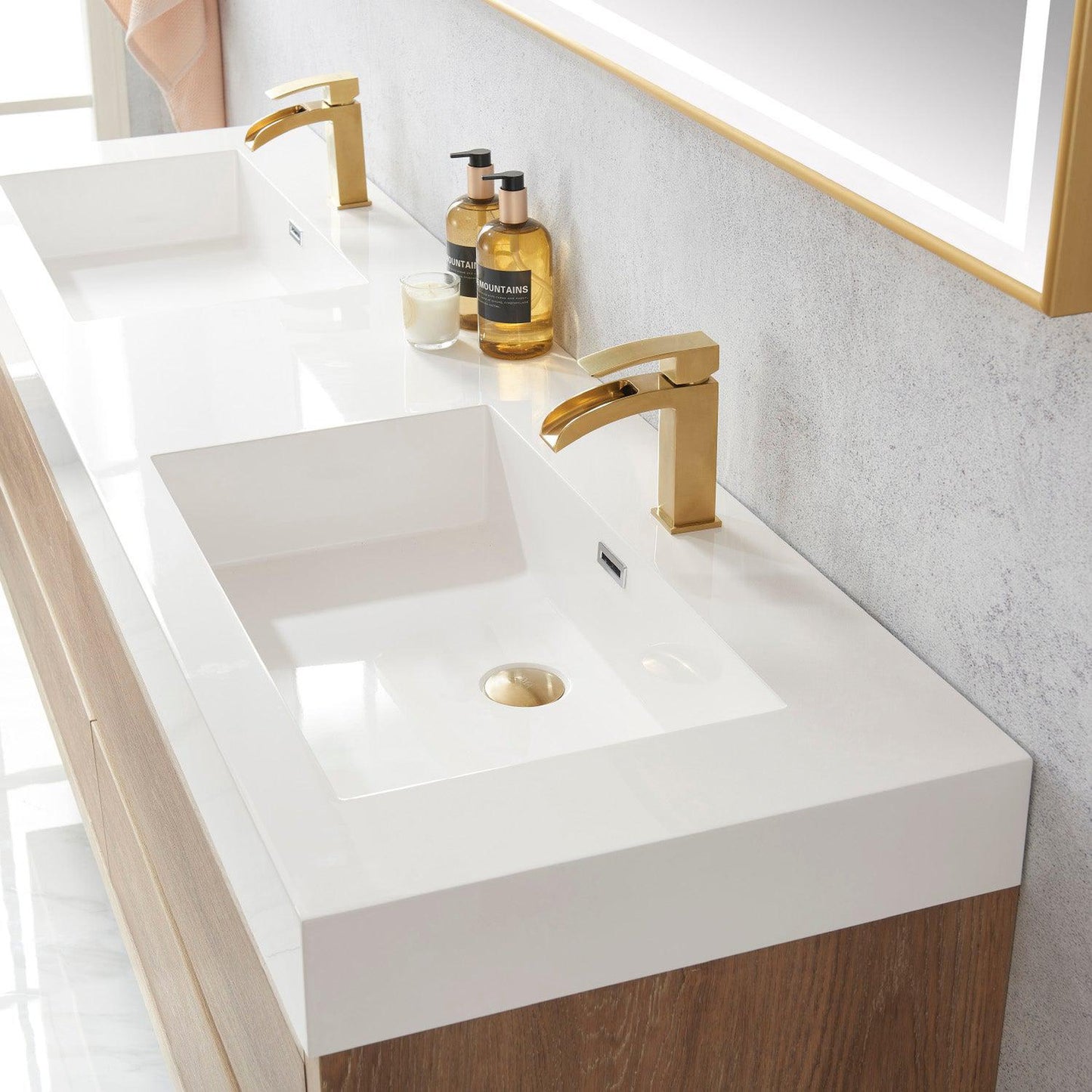 Vinnova Palencia 72" Double Sink Wall-Mount Bath Vanity In North American Oak With White Composite Integral Square Sink Top And Mirror