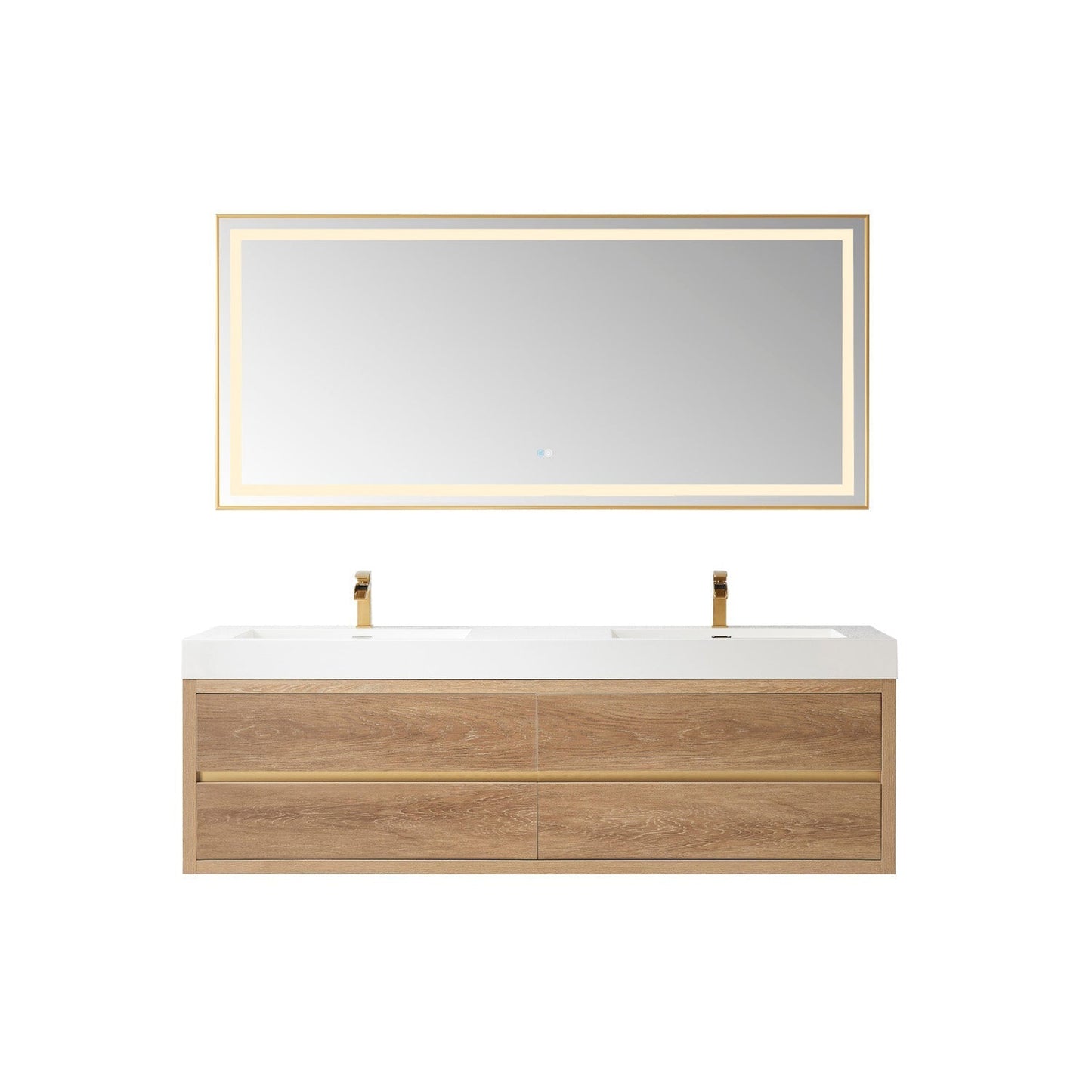 Vinnova Palencia 72" Double Sink Wall-Mount Bath Vanity In North American Oak With White Composite Integral Square Sink Top And Mirror