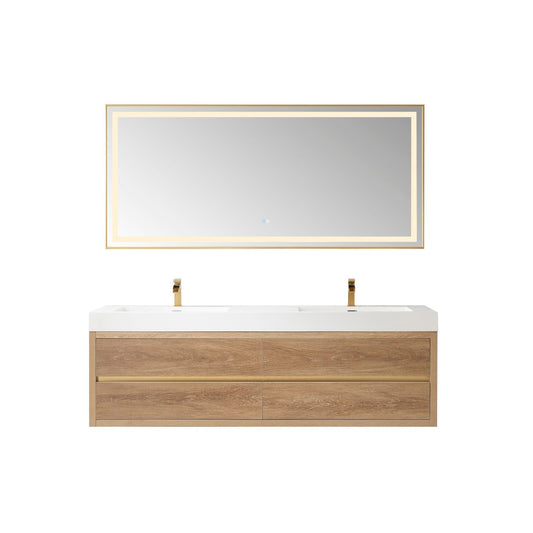 Vinnova Palencia 72" Double Sink Wall-Mount Bath Vanity In North American Oak With White Composite Integral Square Sink Top And Mirror