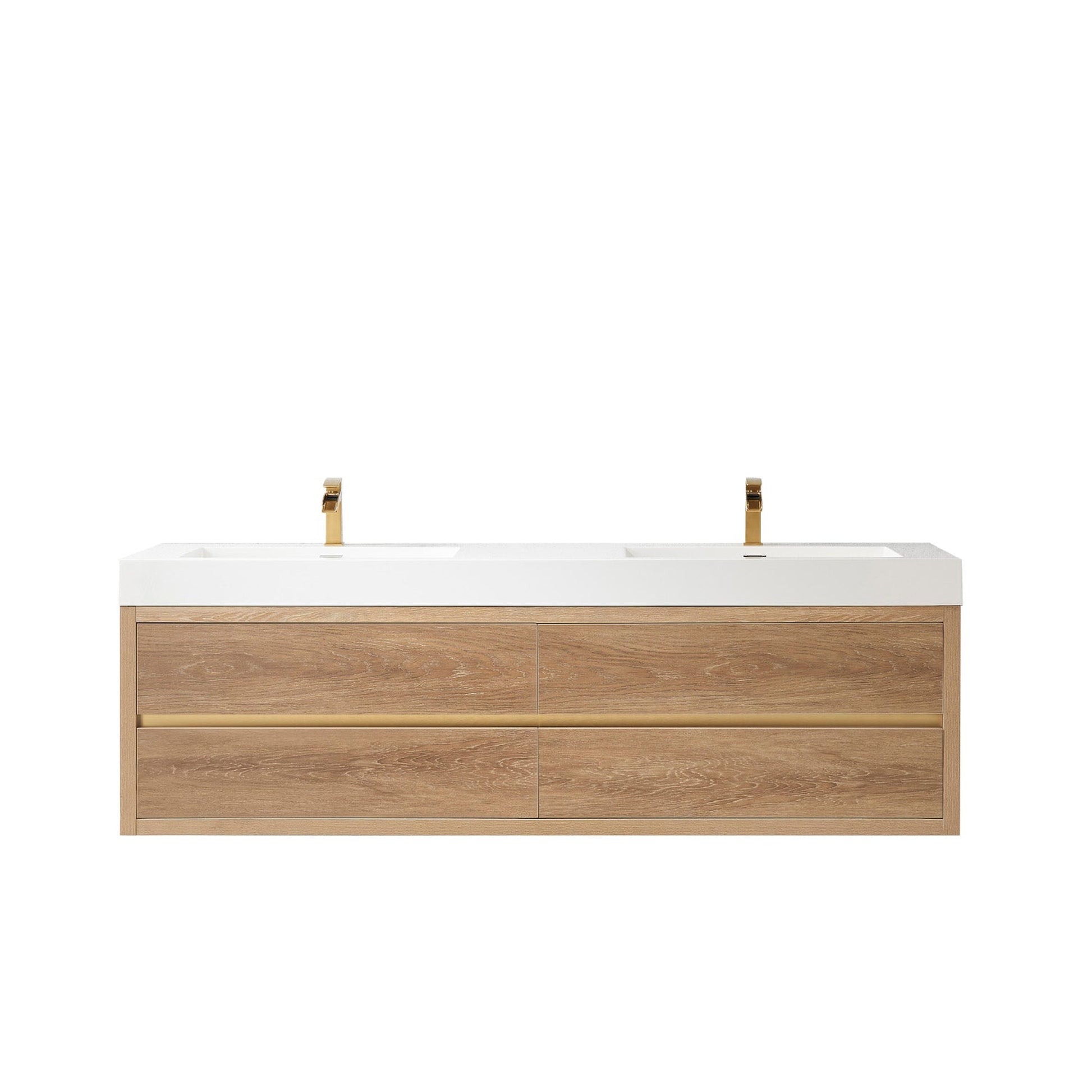 Vinnova Palencia 72" Double Sink Wall-Mount Bath Vanity In North American Oak With White Composite Integral Square Sink Top