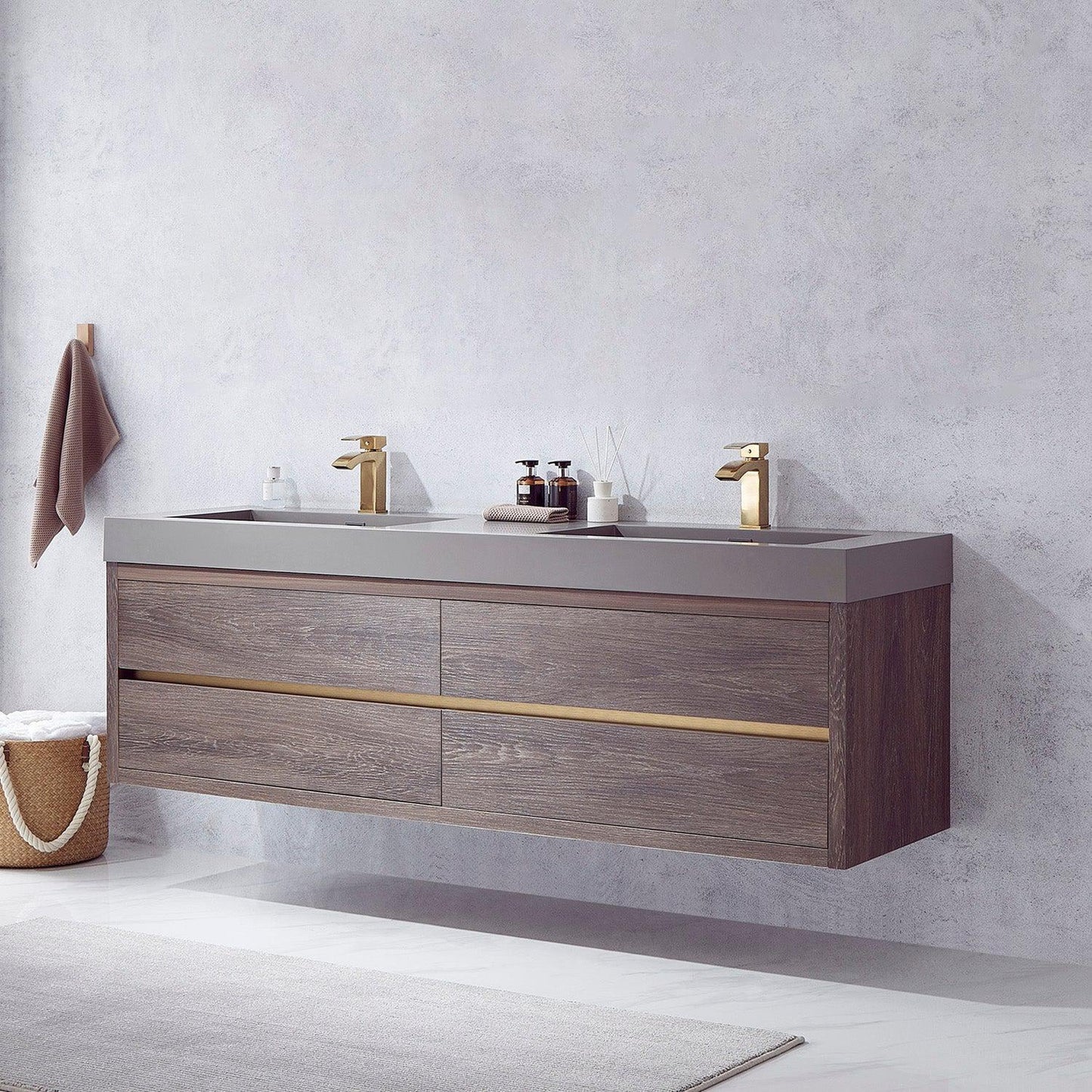 Vinnova Palencia 72" Double Sink Wall-Mount Bath Vanity In North Carolina Oak With Grey Composite Integral Square Sink Top