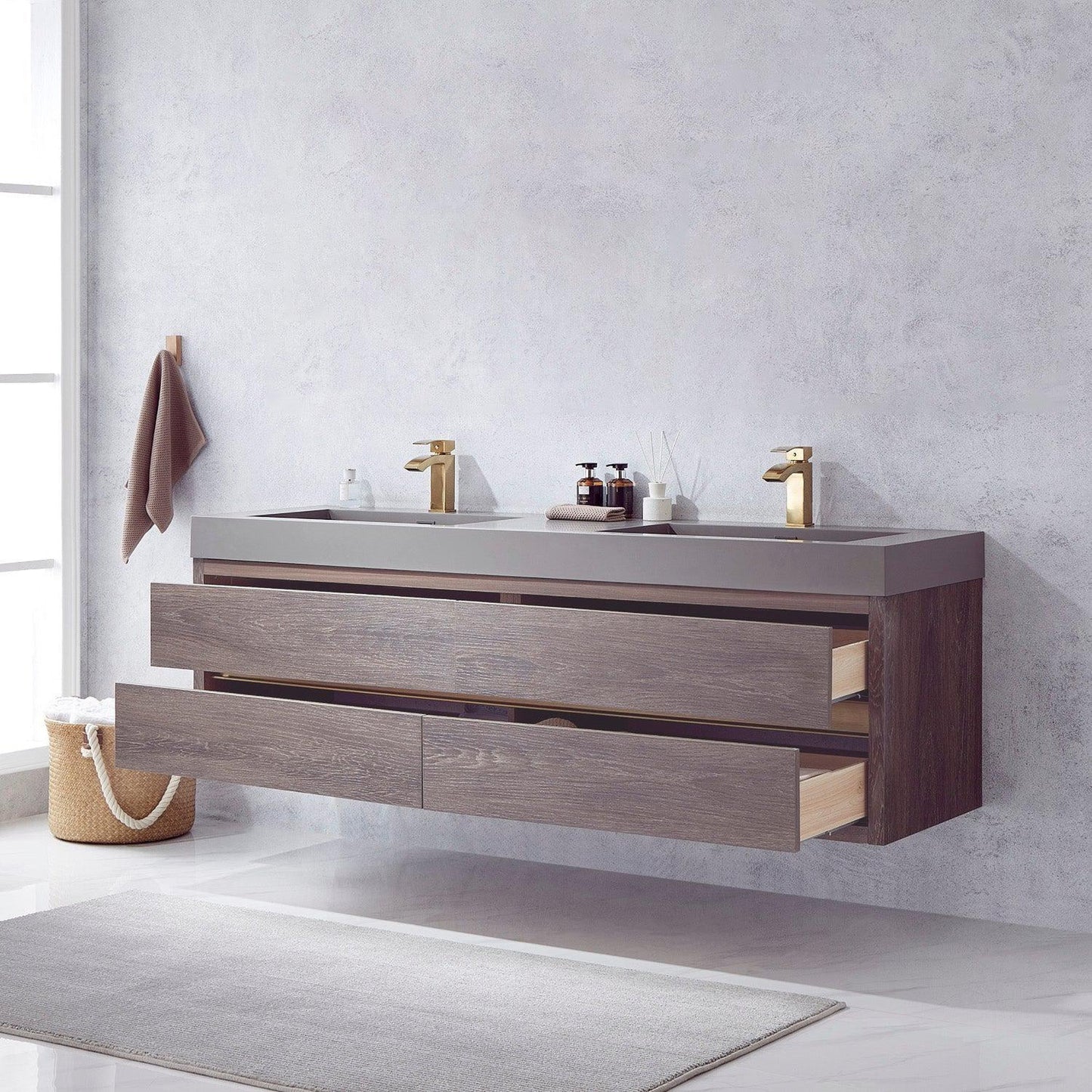 Vinnova Palencia 72" Double Sink Wall-Mount Bath Vanity In North Carolina Oak With Grey Composite Integral Square Sink Top