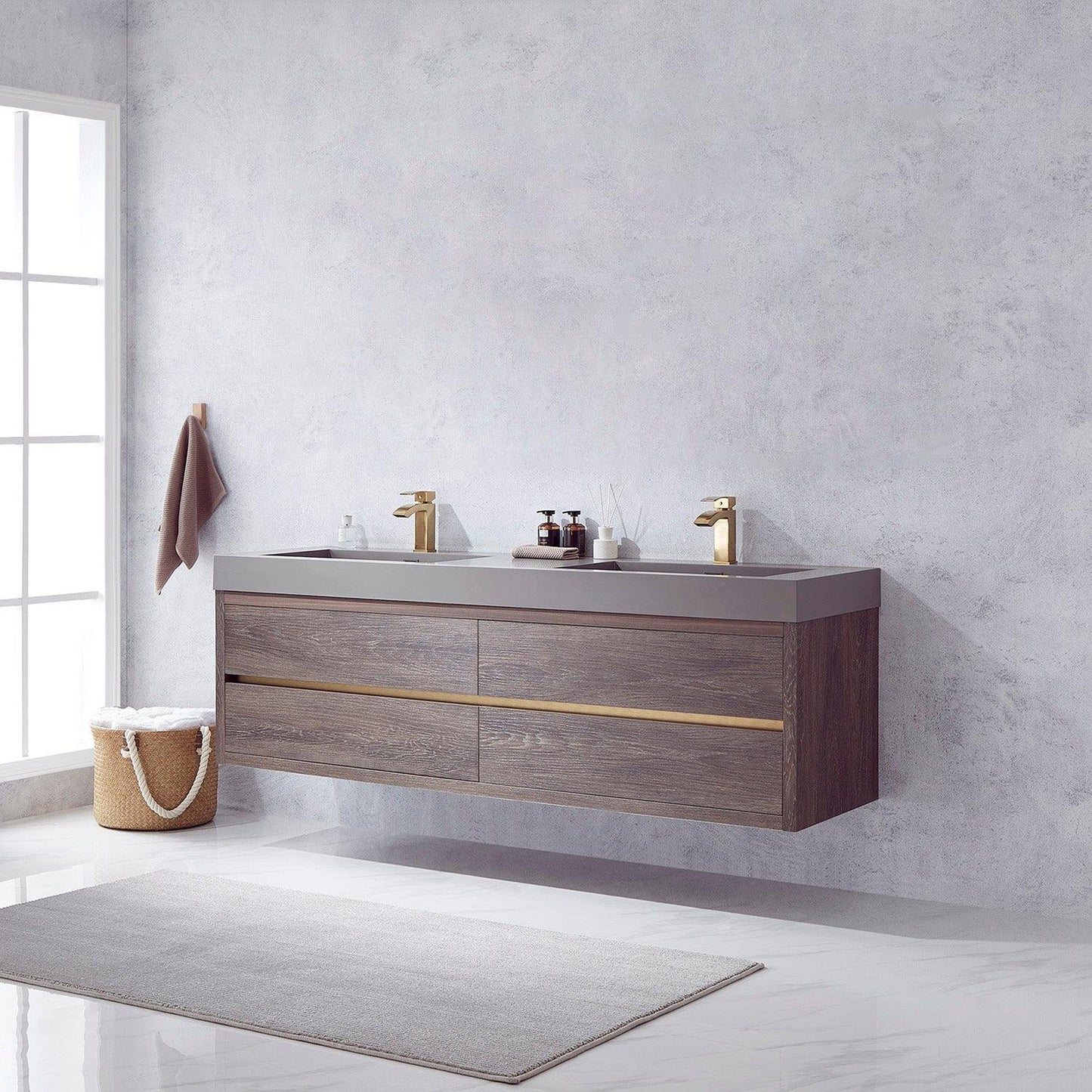 Vinnova Palencia 72" Double Sink Wall-Mount Bath Vanity In North Carolina Oak With Grey Composite Integral Square Sink Top