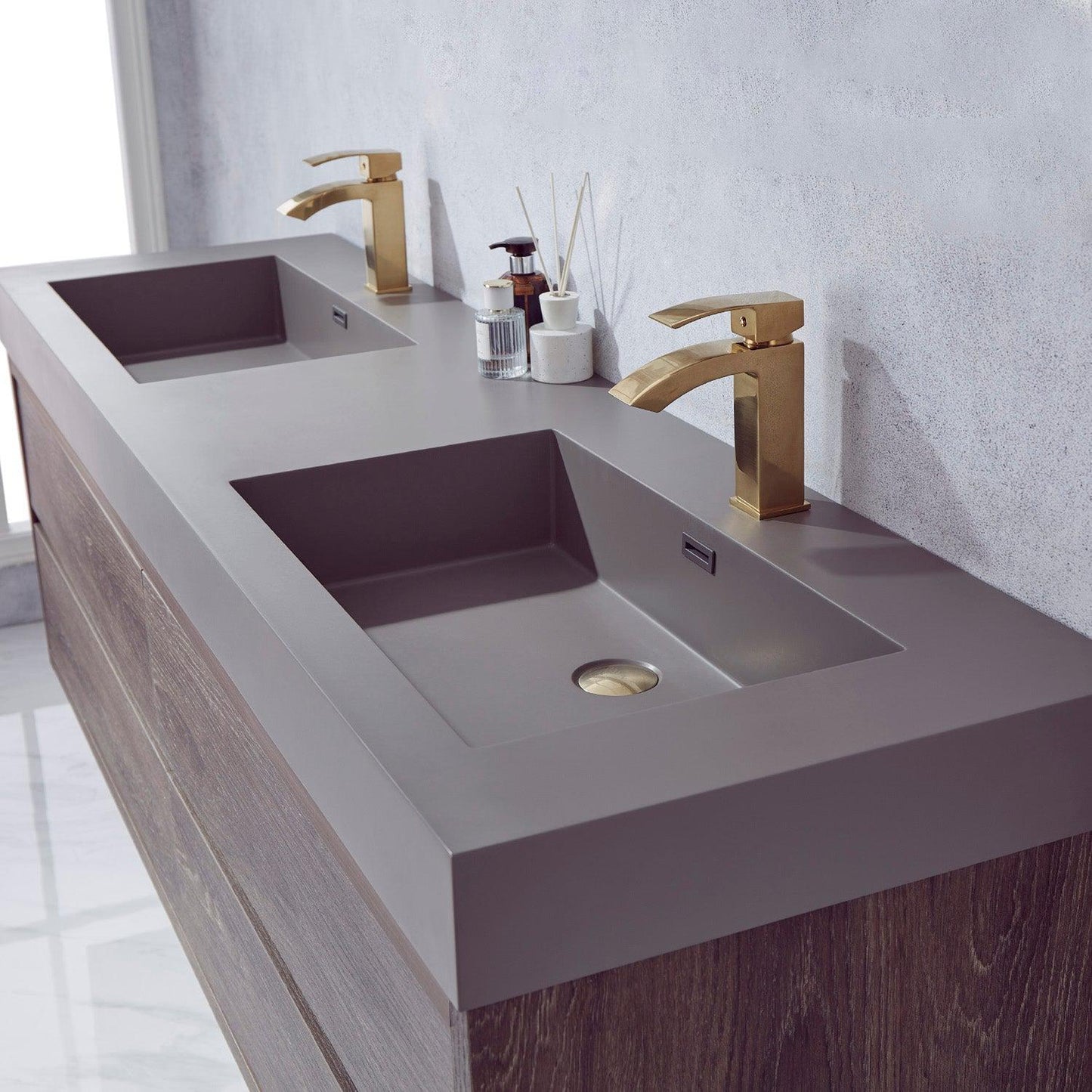 Vinnova Palencia 72" Double Sink Wall-Mount Bath Vanity In North Carolina Oak With Grey Composite Integral Square Sink Top