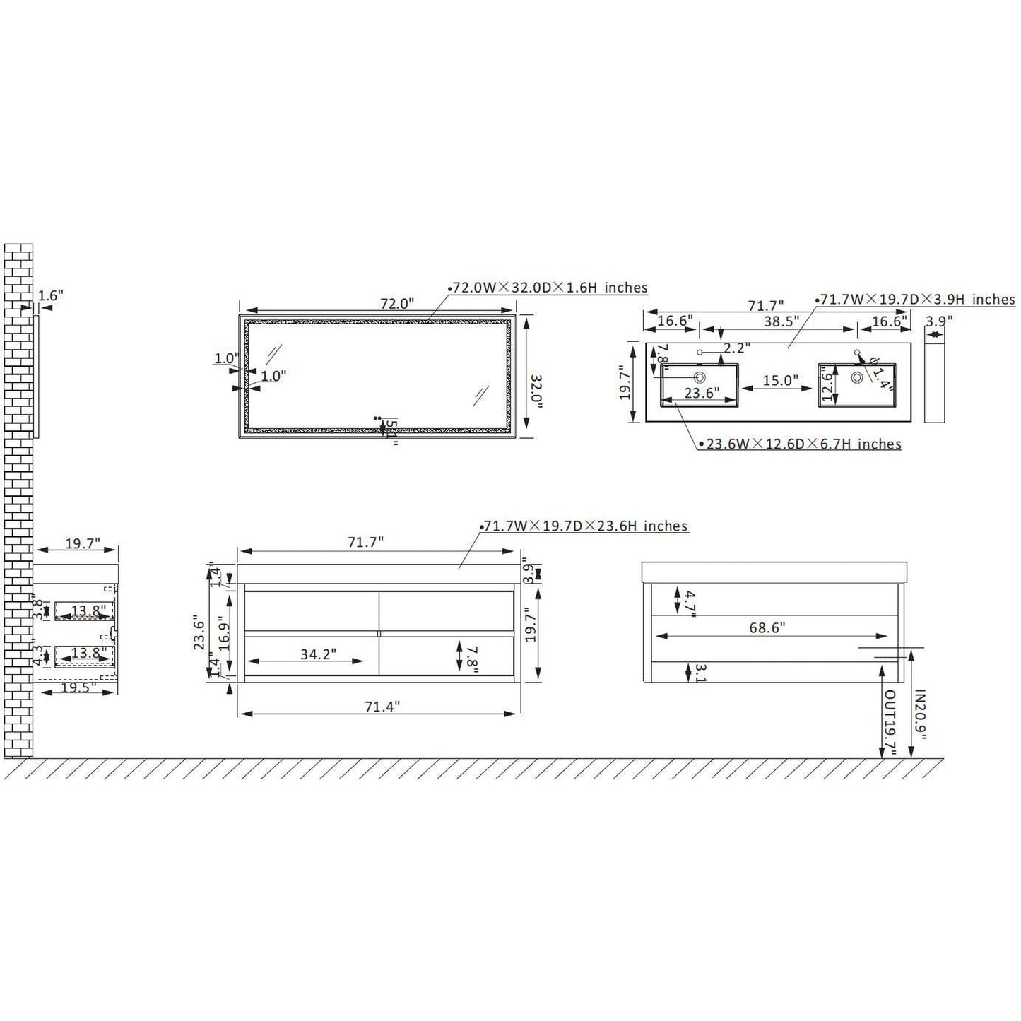 Vinnova Palencia 72" Double Sink Wall-Mount Bath Vanity In North Carolina Oak With Grey Composite Integral Square Sink Top And Mirror