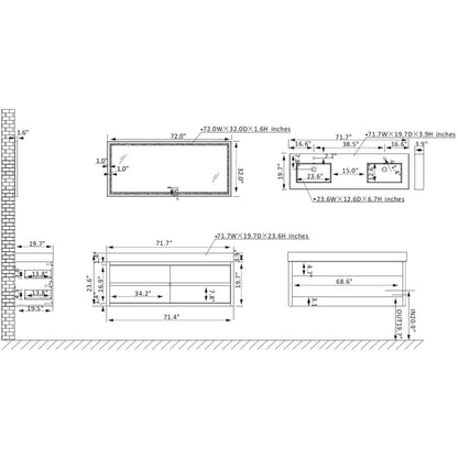 Vinnova Palencia 72" Double Sink Wall-Mount Bath Vanity In North Carolina Oak With Grey Composite Integral Square Sink Top And Mirror