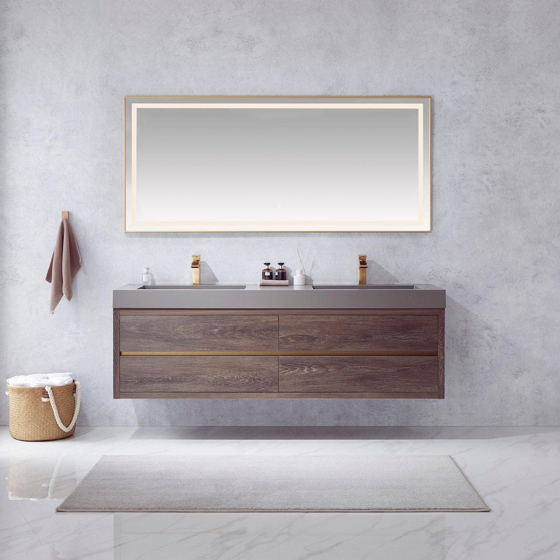 Vinnova Palencia 72" Double Sink Wall-Mount Bath Vanity In North Carolina Oak With Grey Composite Integral Square Sink Top And Mirror