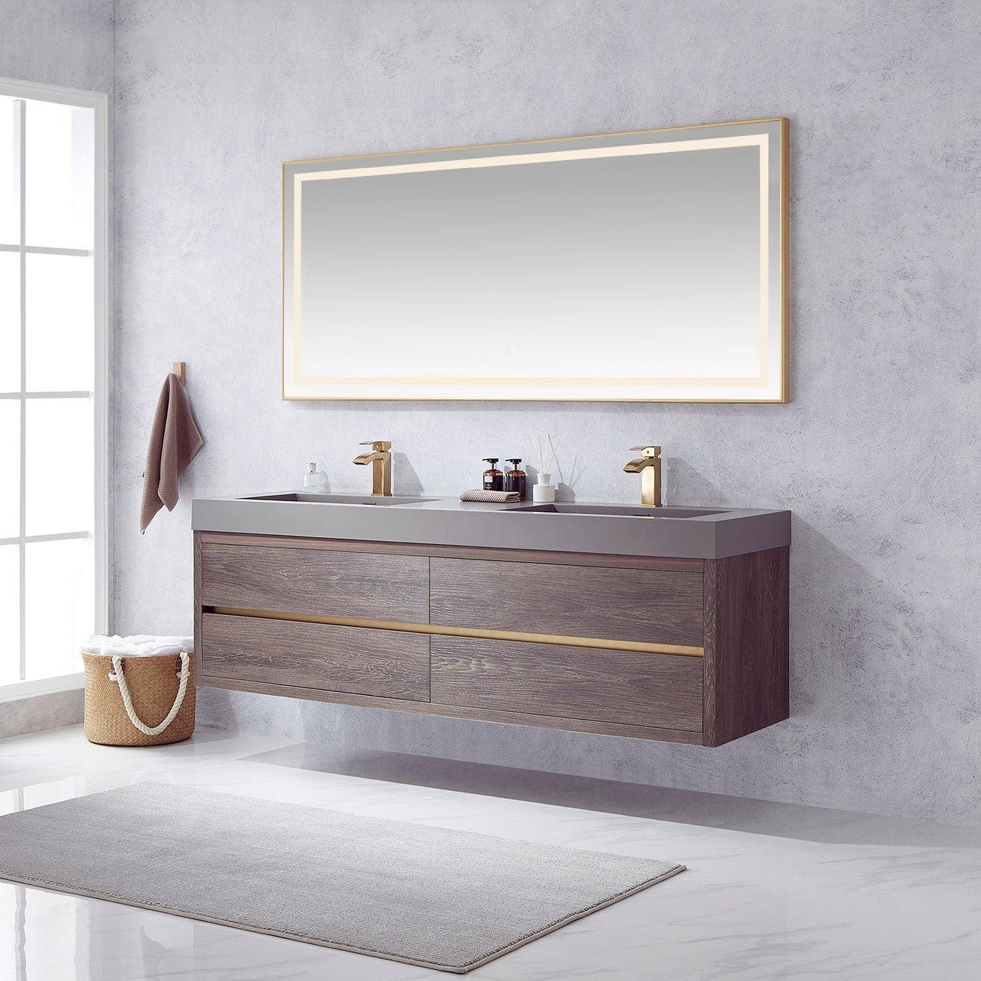 Vinnova Palencia 72" Double Sink Wall-Mount Bath Vanity In North Carolina Oak With Grey Composite Integral Square Sink Top And Mirror