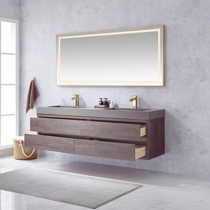 Vinnova Palencia 72" Double Sink Wall-Mount Bath Vanity In North Carolina Oak With Grey Composite Integral Square Sink Top And Mirror