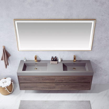 Vinnova Palencia 72" Double Sink Wall-Mount Bath Vanity In North Carolina Oak With Grey Composite Integral Square Sink Top And Mirror