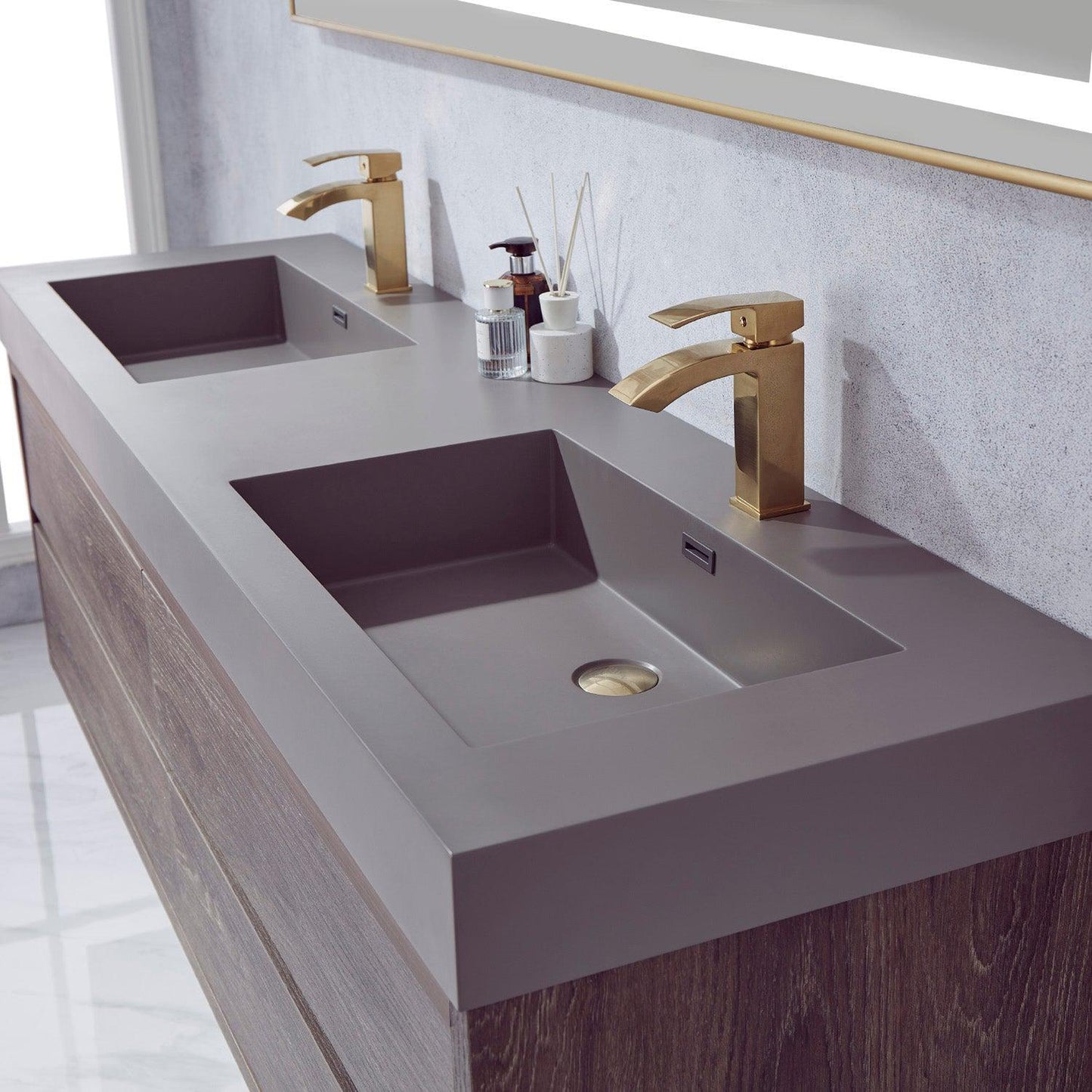 Vinnova Palencia 72" Double Sink Wall-Mount Bath Vanity In North Carolina Oak With Grey Composite Integral Square Sink Top And Mirror