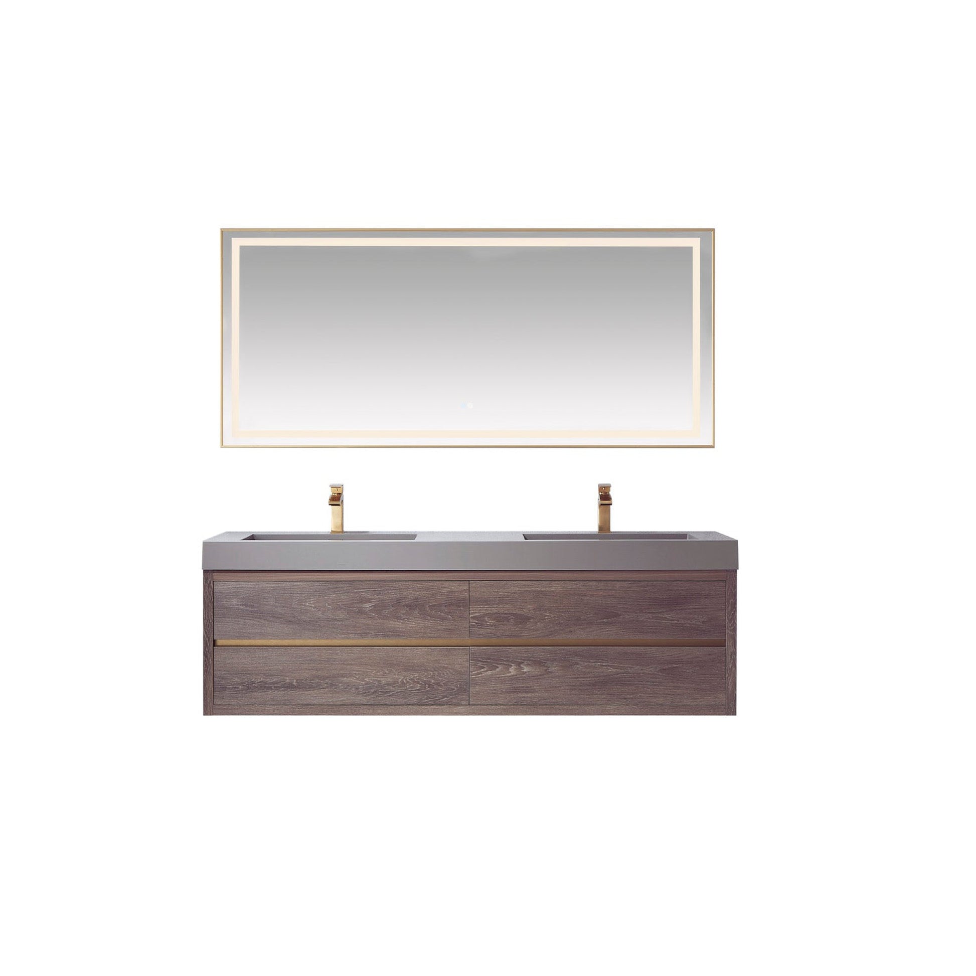 Vinnova Palencia 72" Double Sink Wall-Mount Bath Vanity In North Carolina Oak With Grey Composite Integral Square Sink Top And Mirror