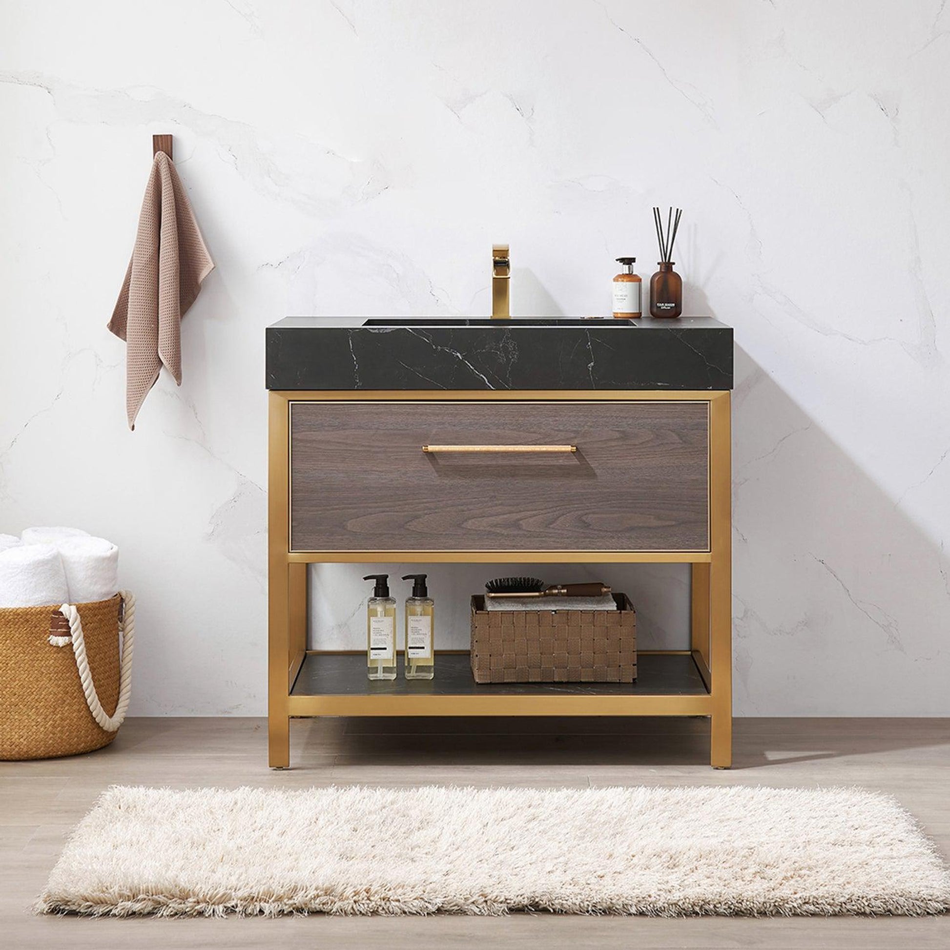 Vinnova Segovia 36" Single Sink Bath Vanity In Suleiman Oak Finish With Black Sintered Stone Top