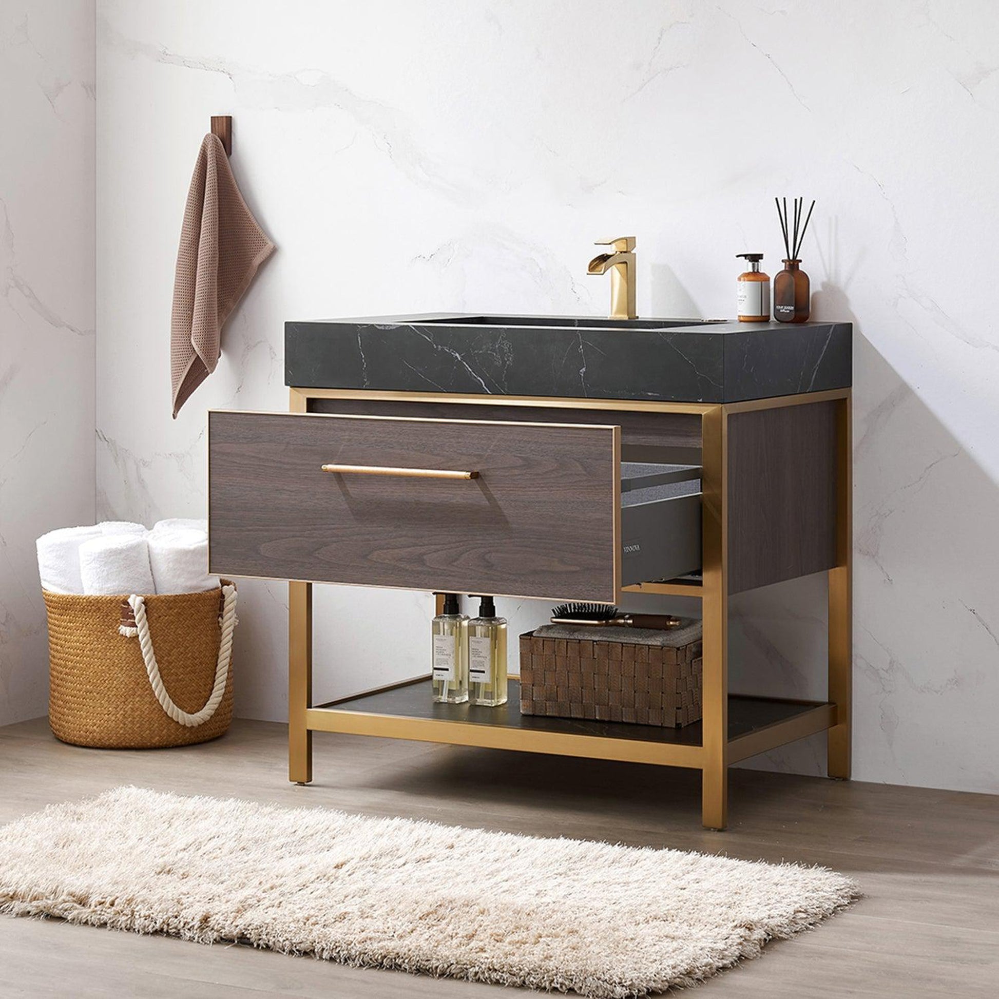 Vinnova Segovia 36" Single Sink Bath Vanity In Suleiman Oak Finish With Black Sintered Stone Top