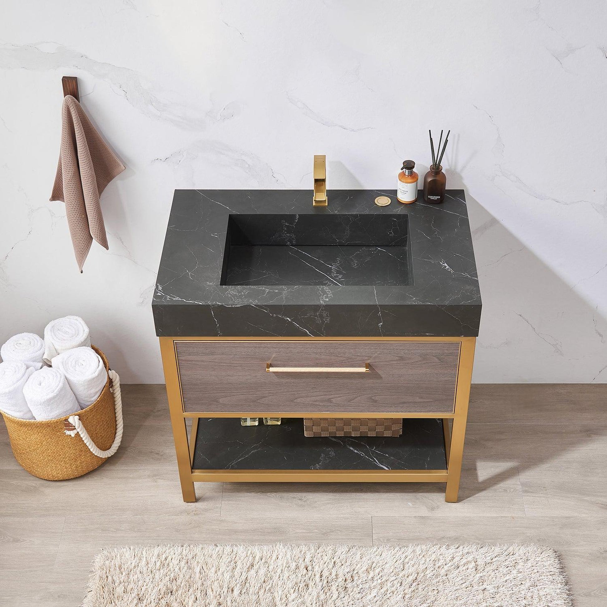 Vinnova Segovia 36" Single Sink Bath Vanity In Suleiman Oak Finish With Black Sintered Stone Top
