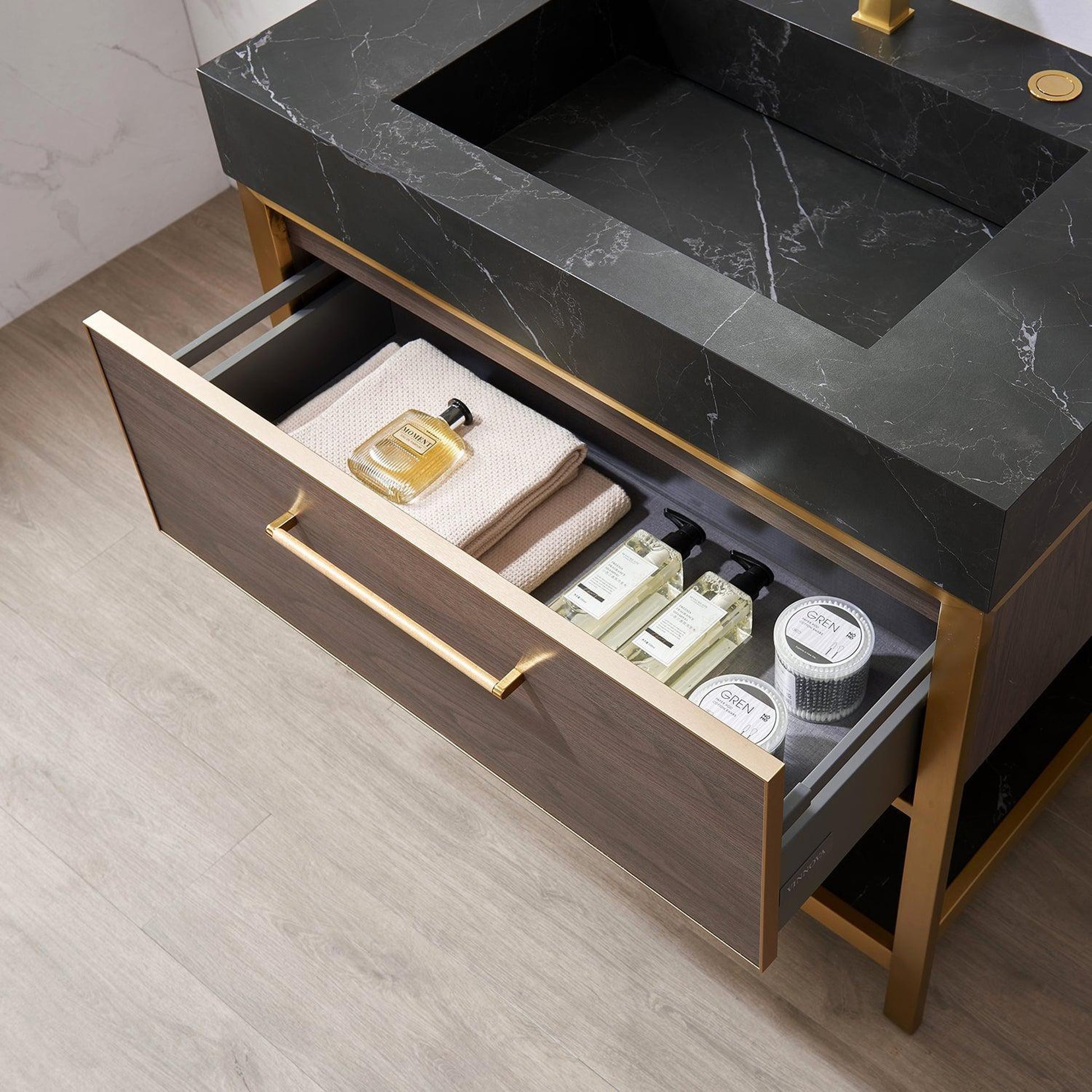 Vinnova Segovia 36" Single Sink Bath Vanity In Suleiman Oak Finish With Black Sintered Stone Top