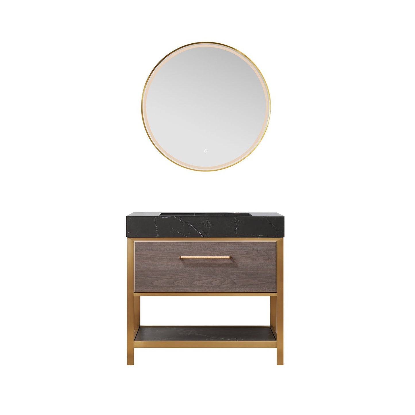 Vinnova Segovia 36" Single Sink Bath Vanity In Suleiman Oak Finish With Black Sintered Stone Top And Mirror