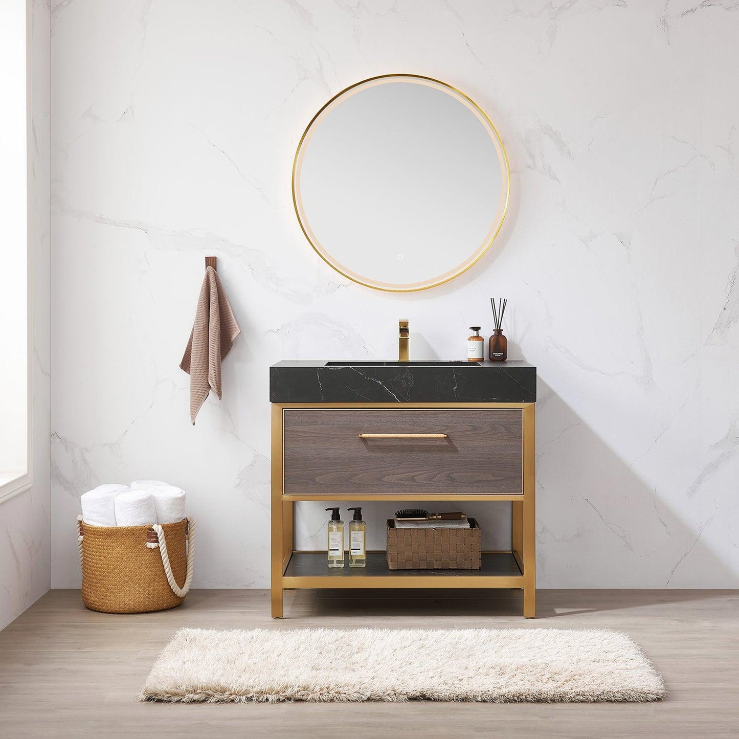 Vinnova Segovia 36" Single Sink Bath Vanity In Suleiman Oak Finish With Black Sintered Stone Top And Mirror