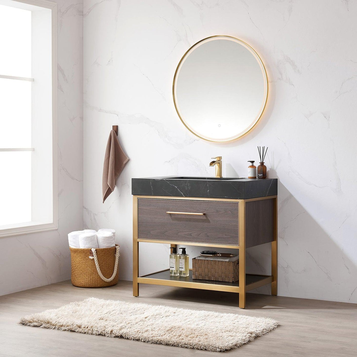 Vinnova Segovia 36" Single Sink Bath Vanity In Suleiman Oak Finish With Black Sintered Stone Top And Mirror