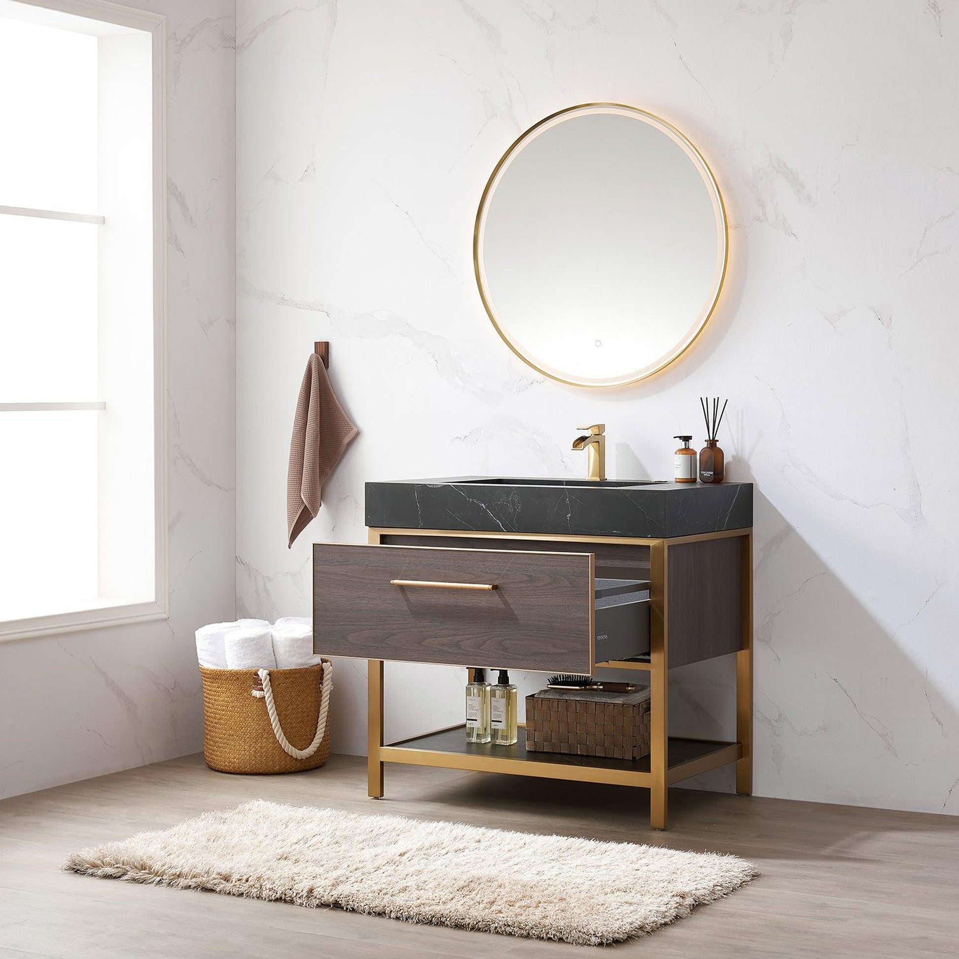 Vinnova Segovia 36" Single Sink Bath Vanity In Suleiman Oak Finish With Black Sintered Stone Top And Mirror