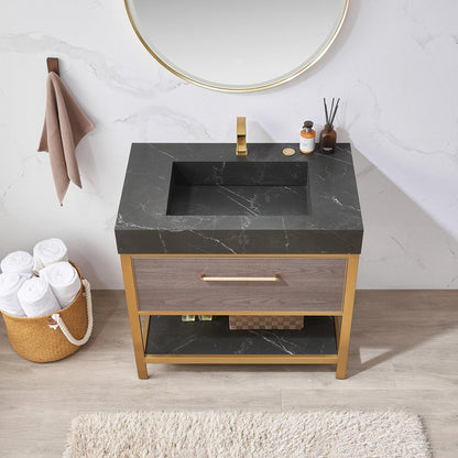 Vinnova Segovia 36" Single Sink Bath Vanity In Suleiman Oak Finish With Black Sintered Stone Top And Mirror