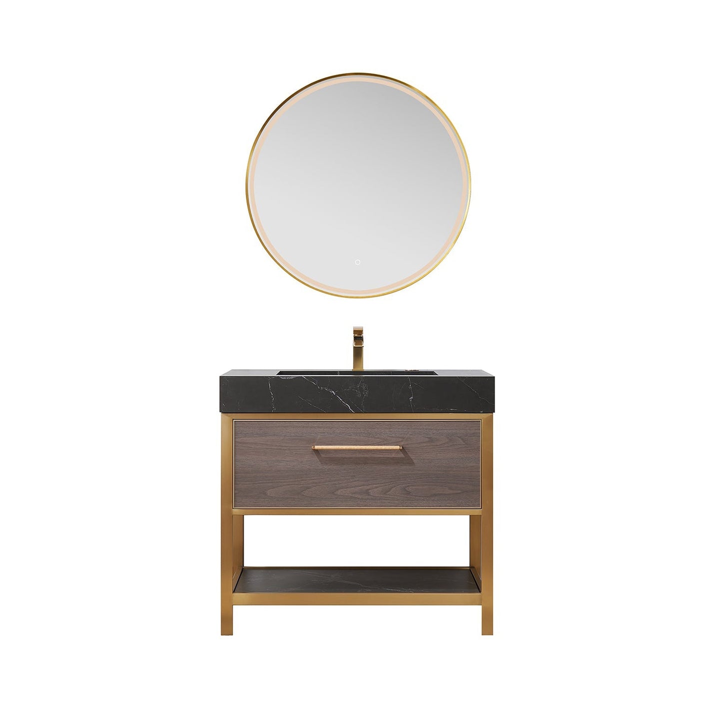 Vinnova Segovia 36" Single Sink Bath Vanity In Suleiman Oak Finish With Black Sintered Stone Top And Mirror