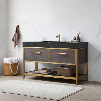 Vinnova Segovia 55" Single Sink Bath Vanity In Suleiman Oak Finish With Black Sintered Stone Top