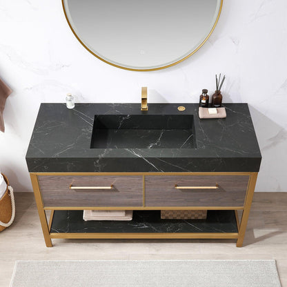 Vinnova Segovia 55" Single Sink Bath Vanity In Suleiman Oak Finish With Black Sintered Stone Top And Mirror