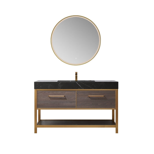 Vinnova Segovia 55" Single Sink Bath Vanity In Suleiman Oak Finish With Black Sintered Stone Top And Mirror