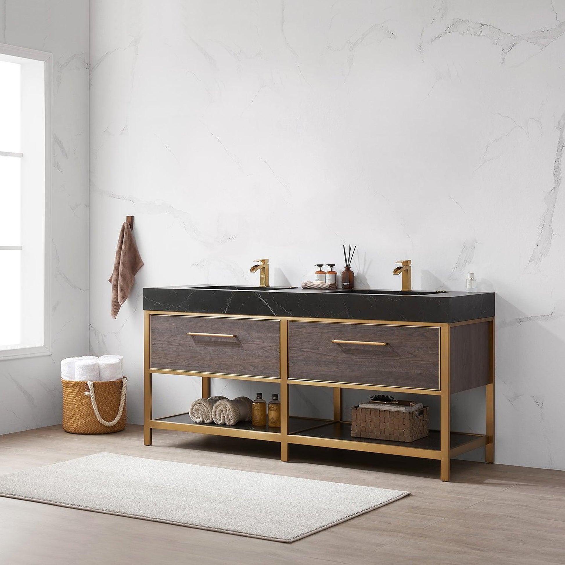 Vinnova Segovia 72" Double Sink Bath Vanity In Suleiman Oak Finish With Black Sintered Stone Top