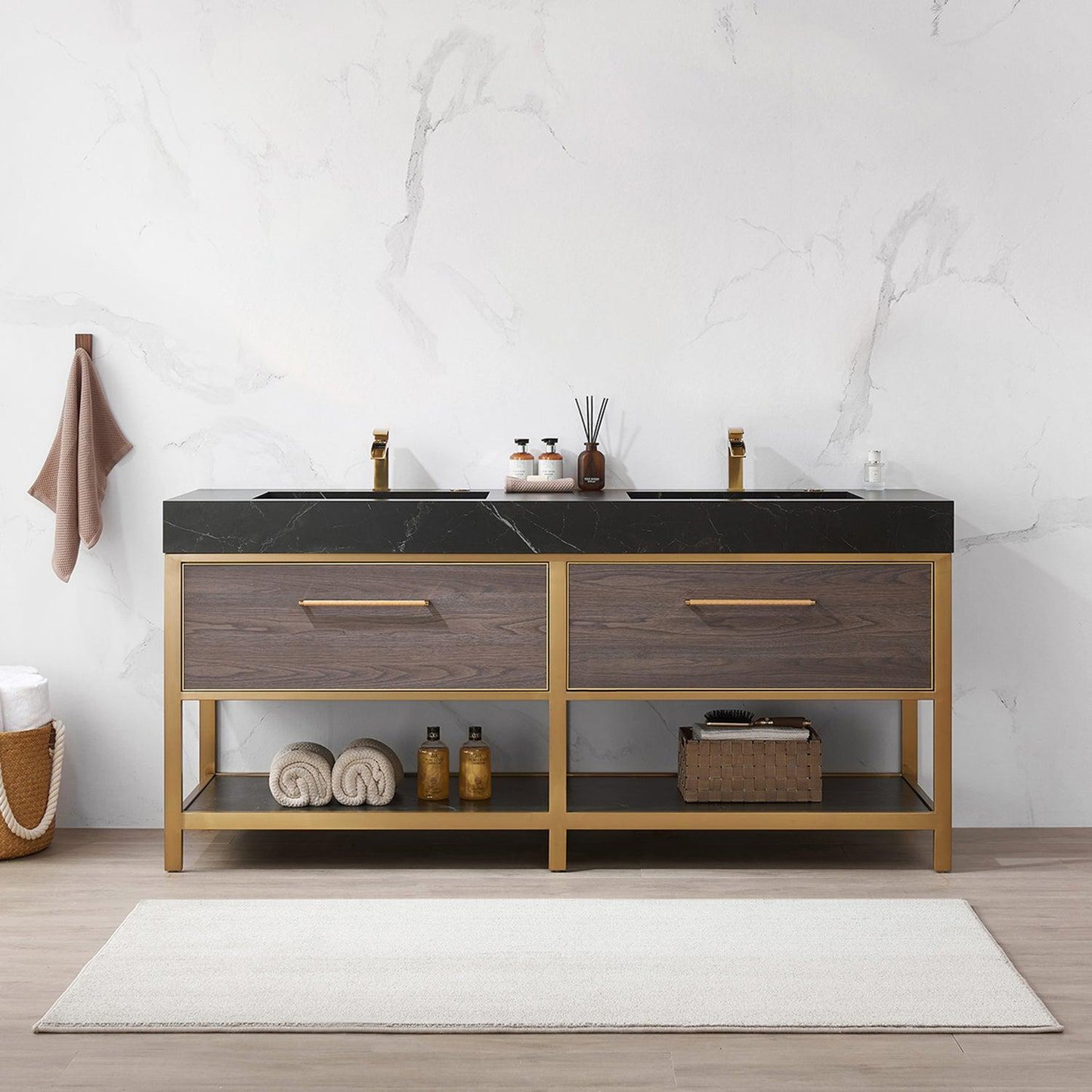 Vinnova Segovia 72" Double Sink Bath Vanity In Suleiman Oak Finish With Black Sintered Stone Top