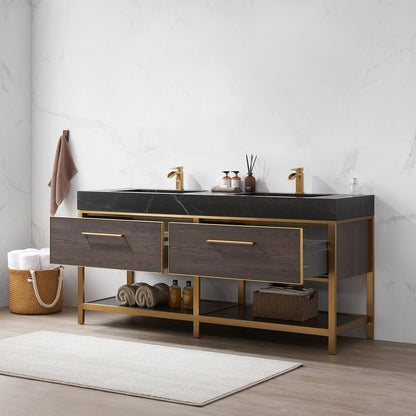 Vinnova Segovia 72" Double Sink Bath Vanity In Suleiman Oak Finish With Black Sintered Stone Top