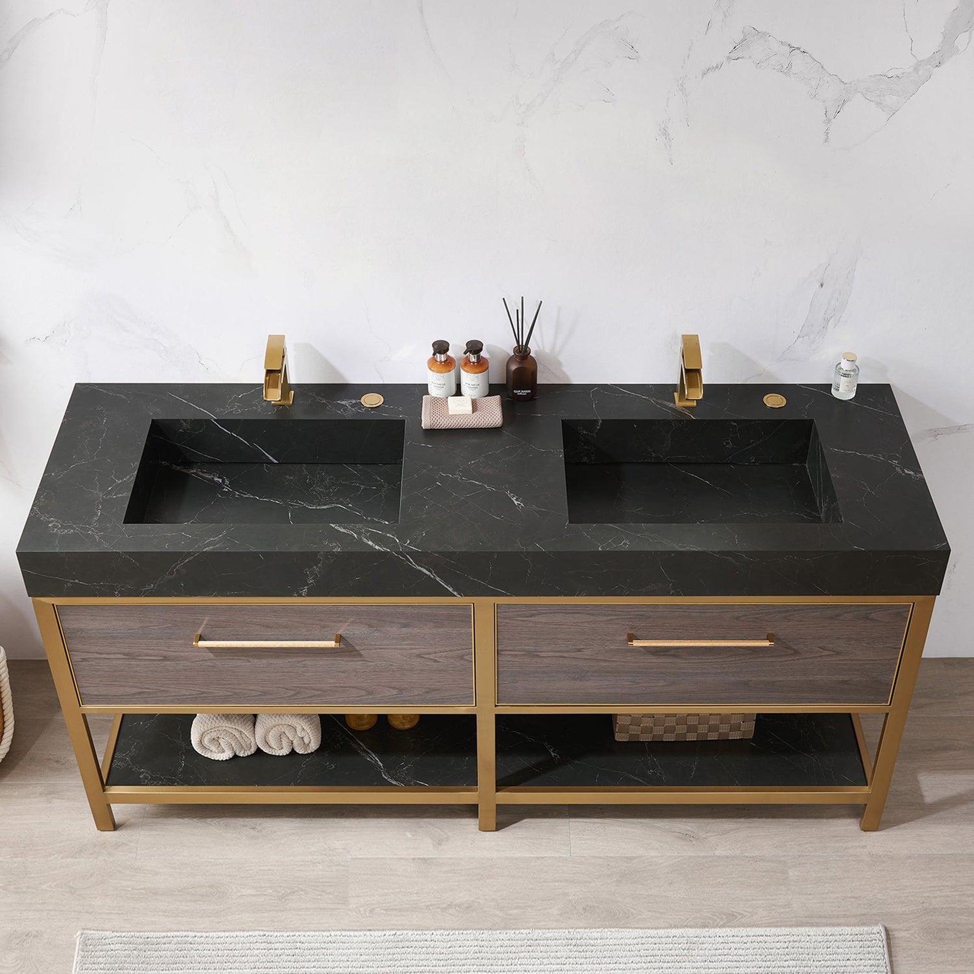 Vinnova Segovia 72" Double Sink Bath Vanity In Suleiman Oak Finish With Black Sintered Stone Top